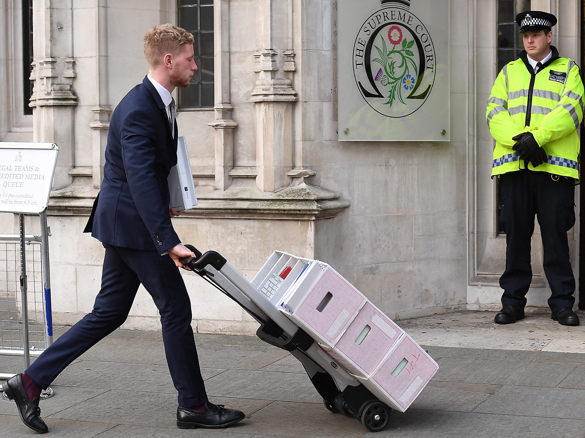 Legal documentation arrives in boxes at the Supreme Court in London