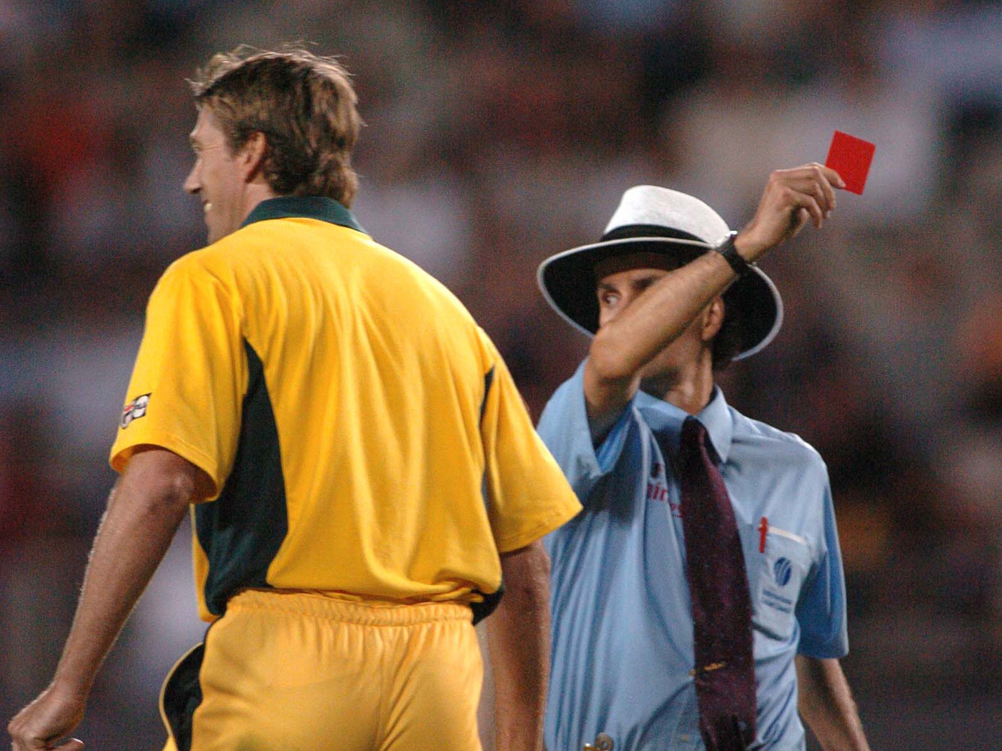 Billy Bowden jokingly showed a red card to Australia's Glenn McGrath in 2005