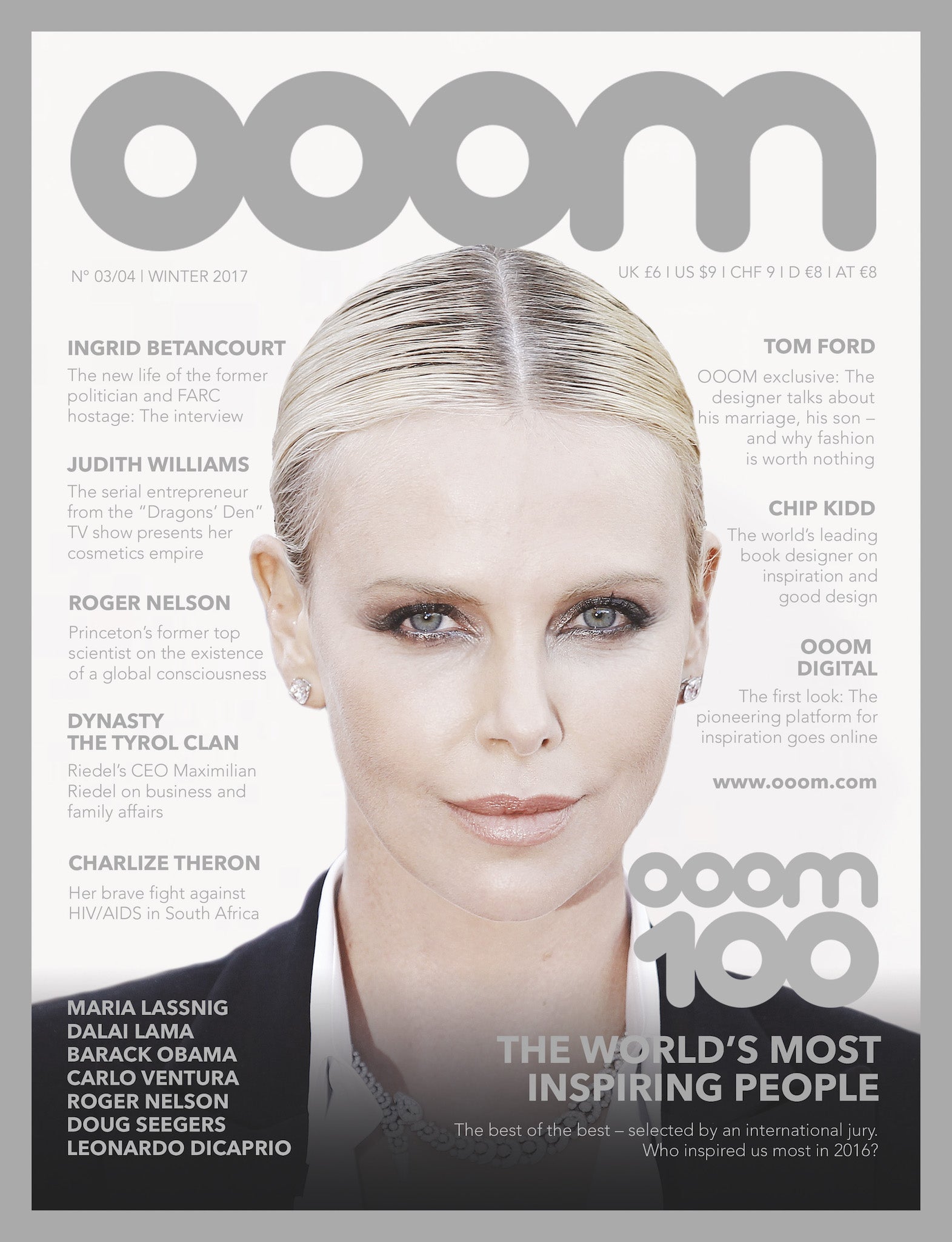 Ooom Magazine's cover for the December edition including its list of the 100 most inspiring people this year. Theron ranked number 3