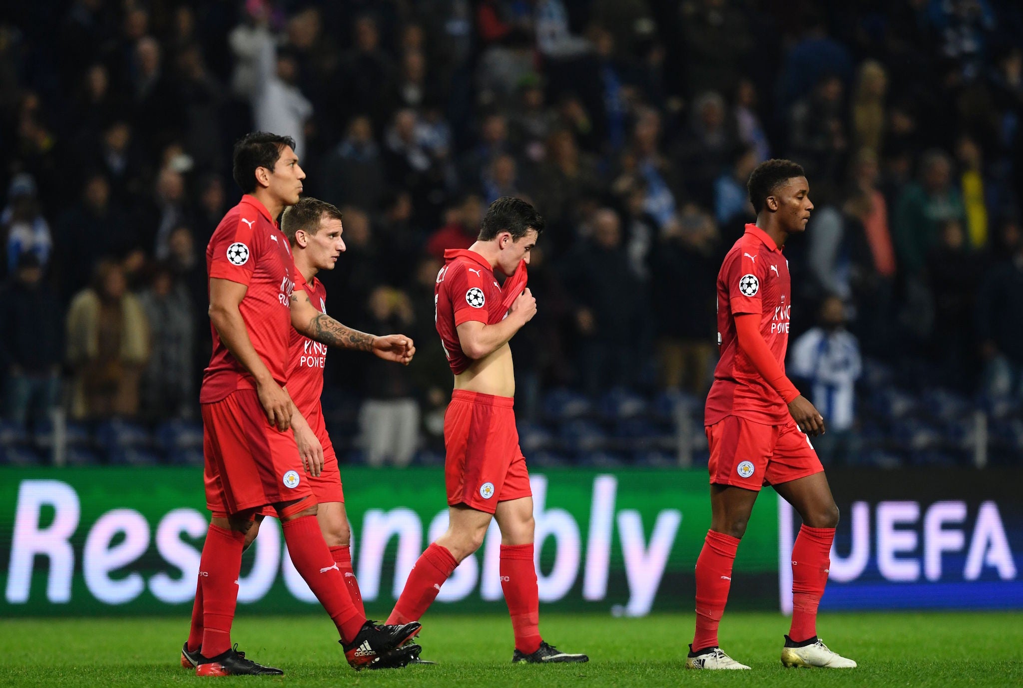 Leicester players trudge off after the 5-0 humiliation