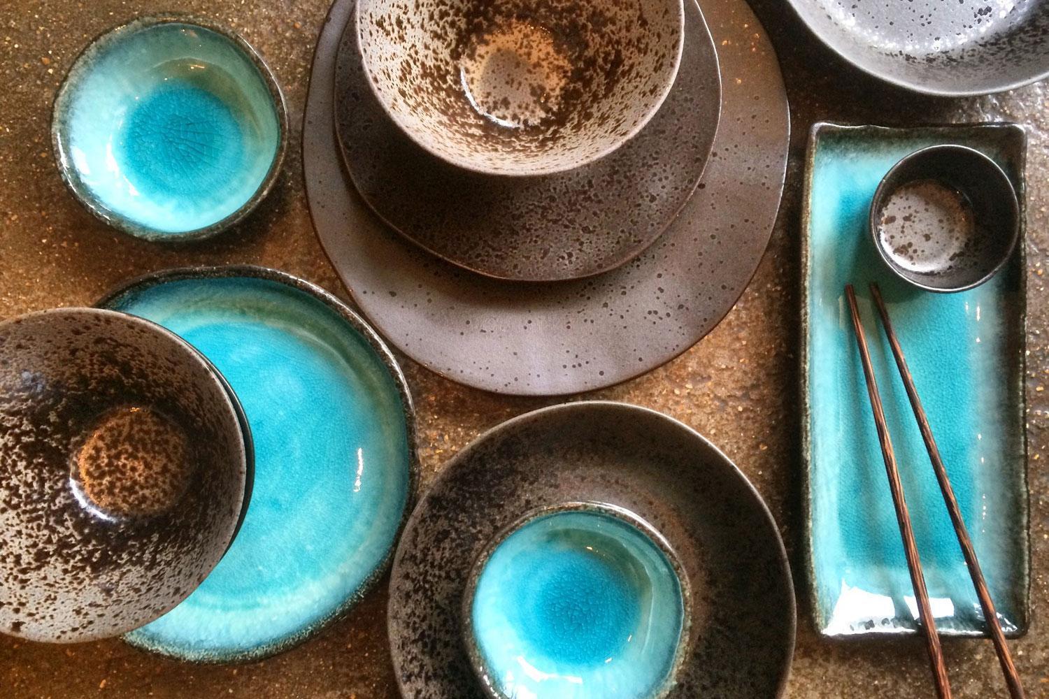 Turquoise crackle glazed stoneware from Japan and Ironstone crockery from Portugal, prices from £6.50