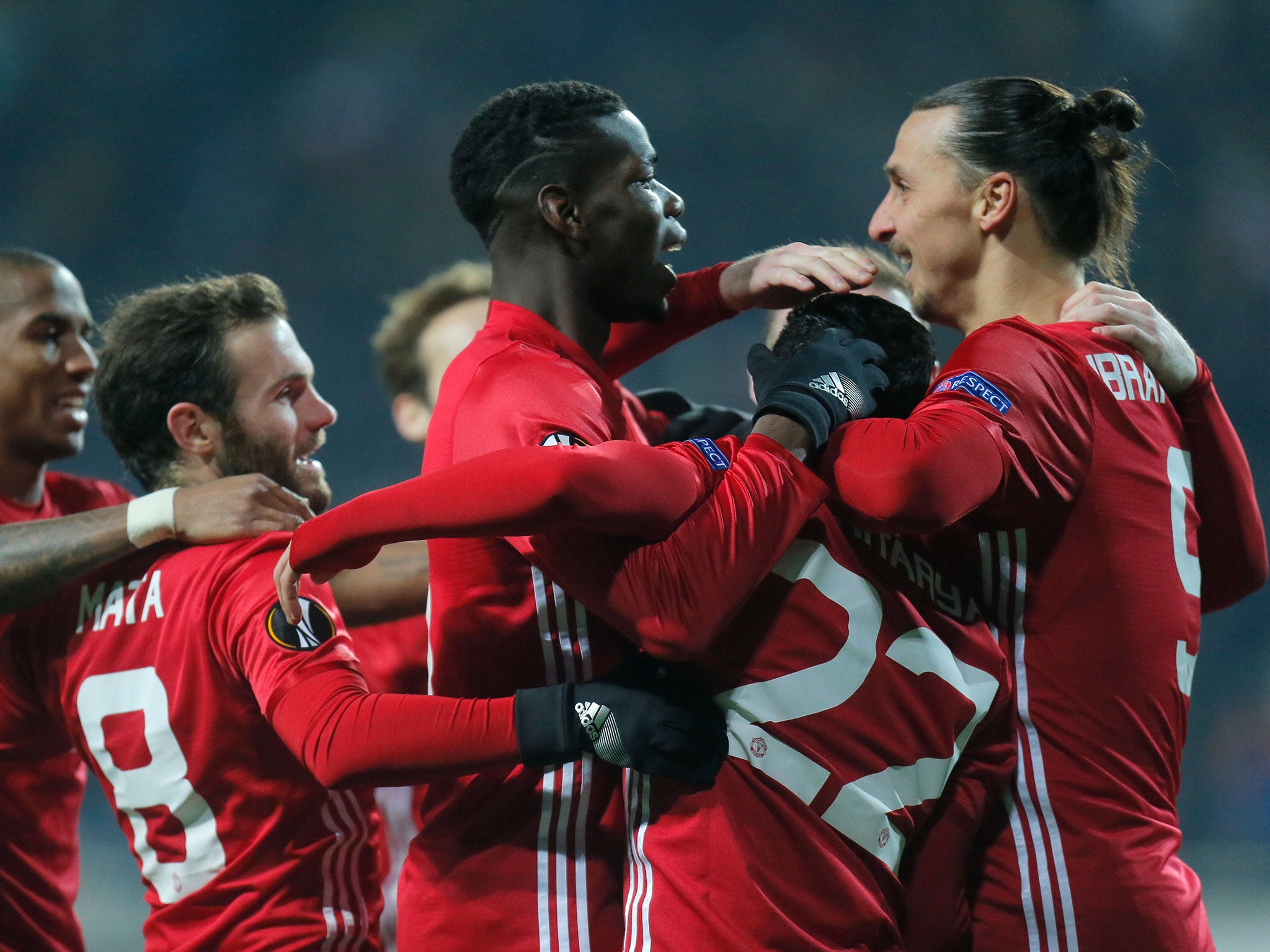 Manchester United celebrate after their first goal during the Europa League group A match between Manchester United and Zorya Luhansk in Odessa, Ukraine, on 8 December