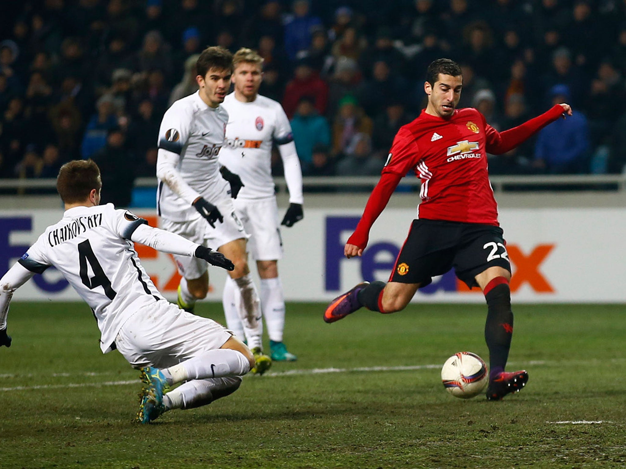 Manchester United's Henrikh Mkhitaryan scores their first goal against Zorya Luhansk in Odessa, Ukraine, on 6 December