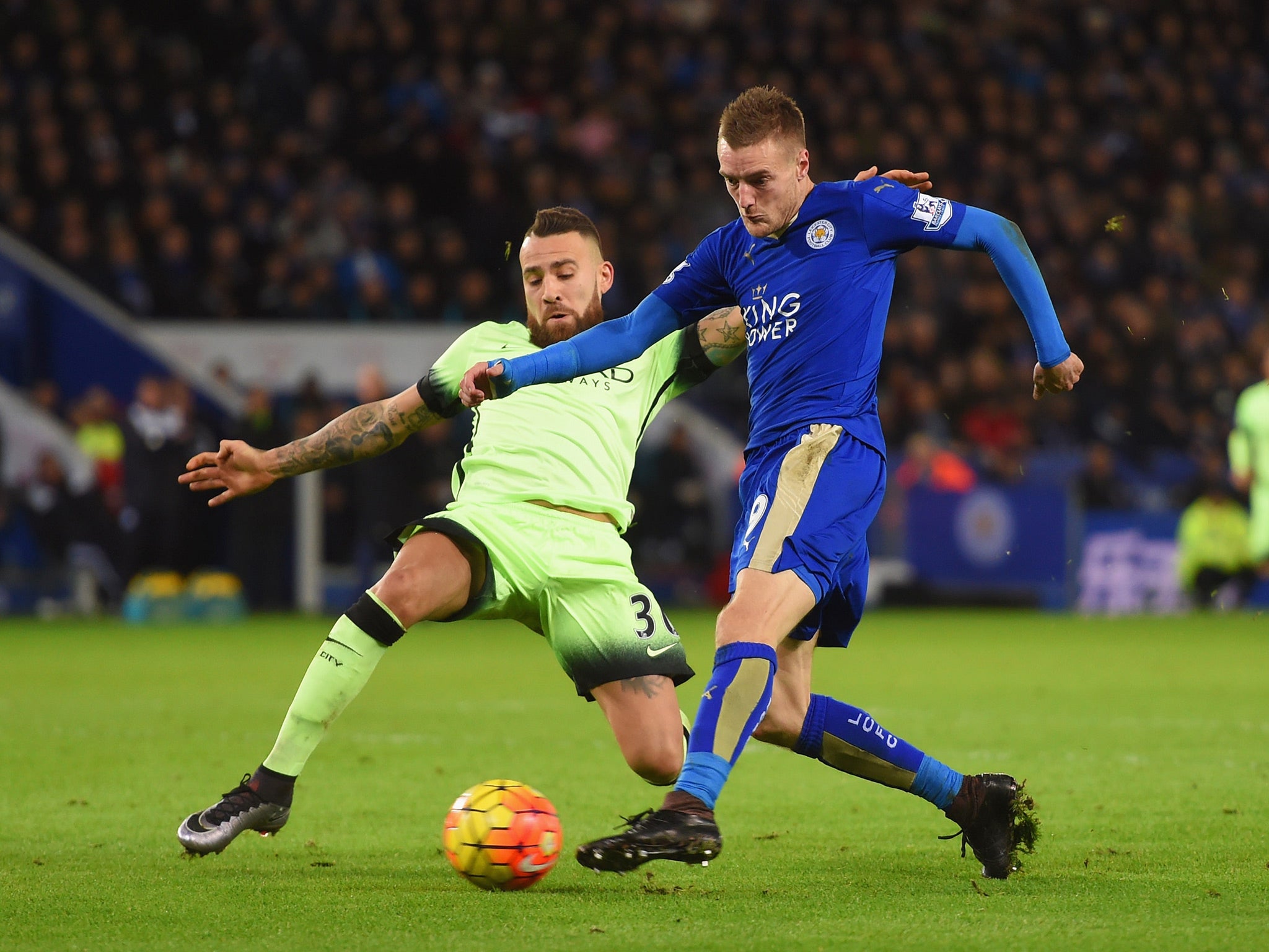 Otamendi and Vardy battle for the ball in last season's corresponding fixture