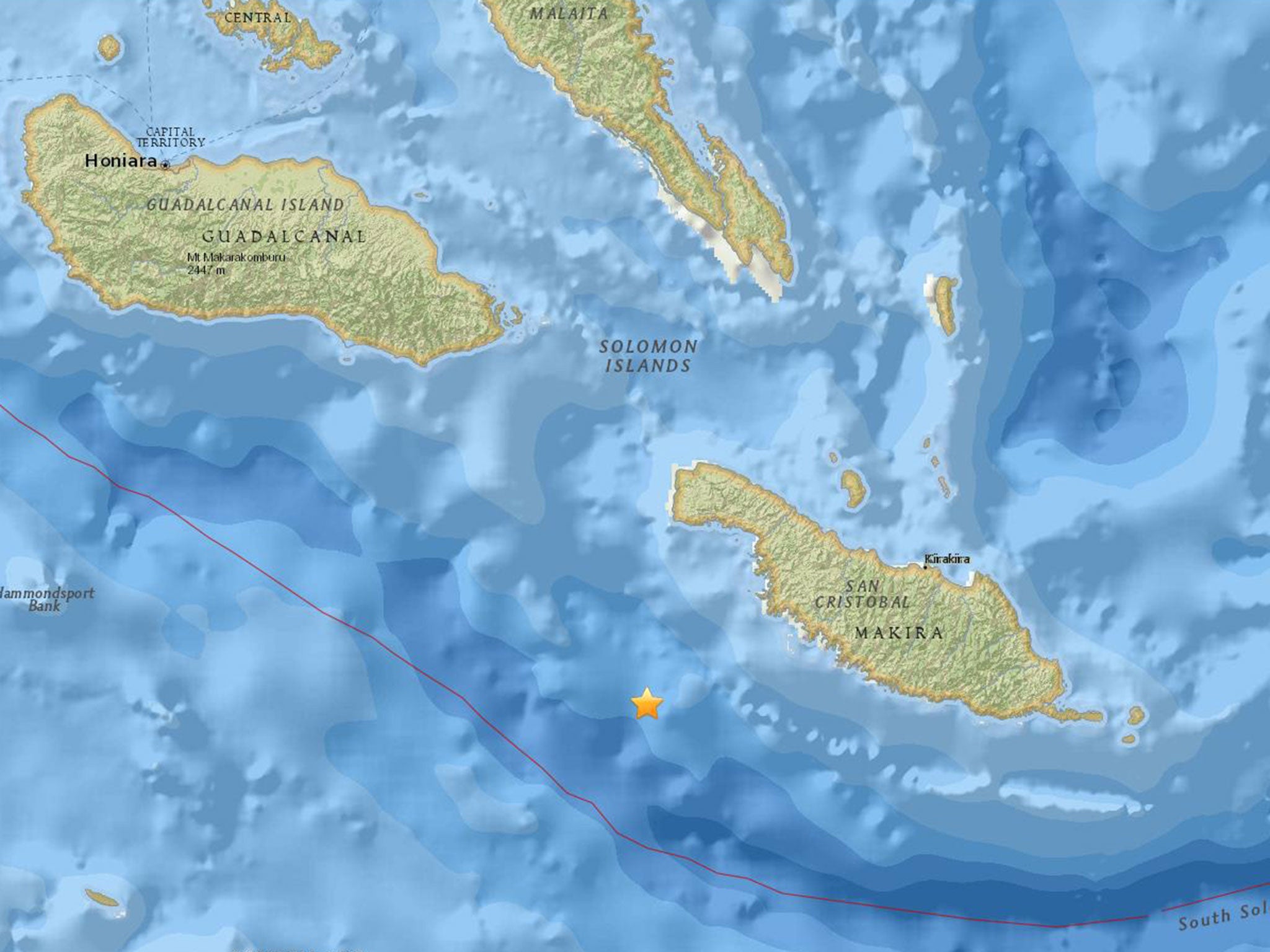 The location of an earthquake off the coast of the Solomon Islands on 9 December, as recorded by the US Geological Society