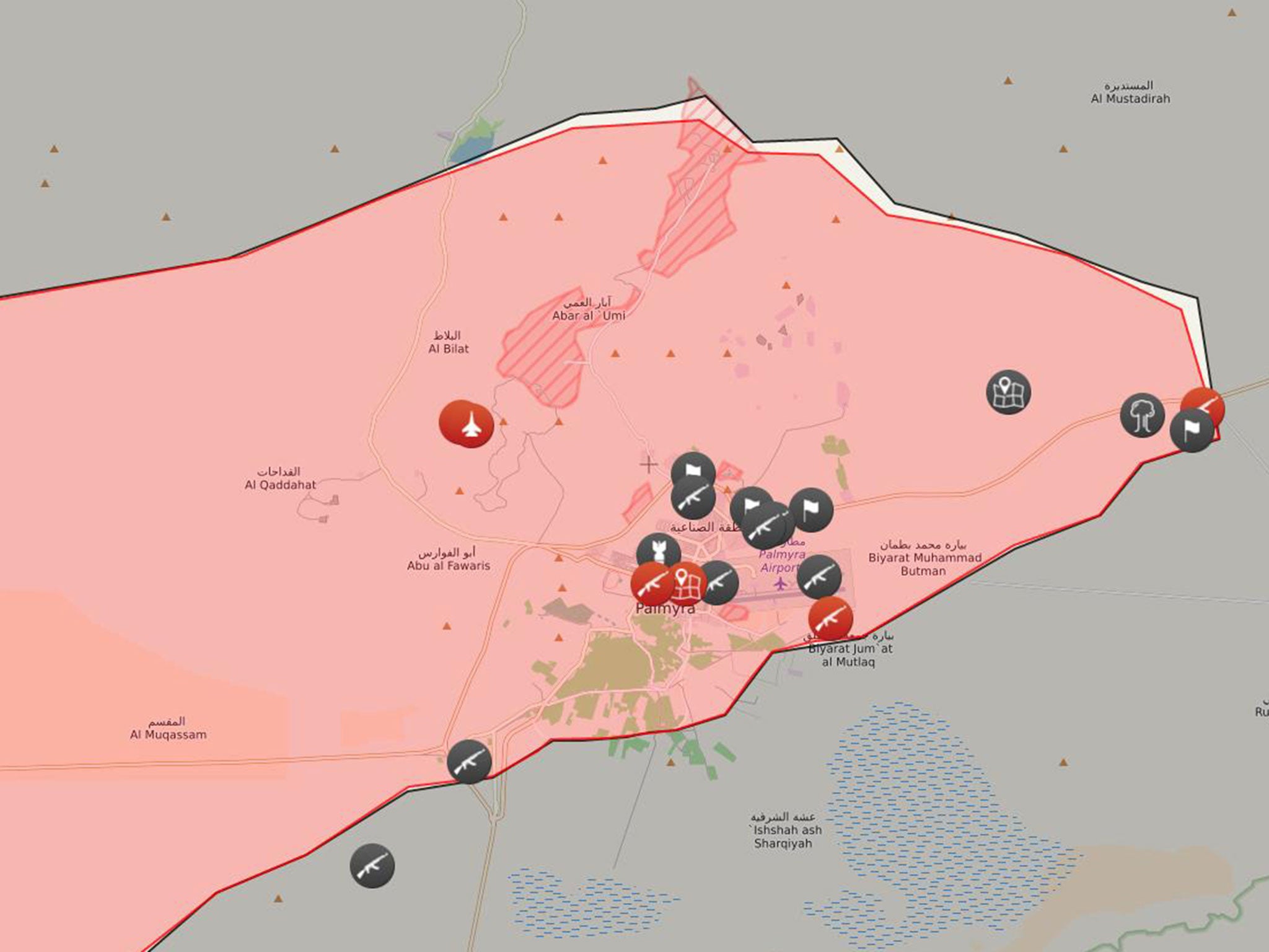 A map showing Isis advance (in black) on regime-held parts of Palmyra (in red) on 10 December