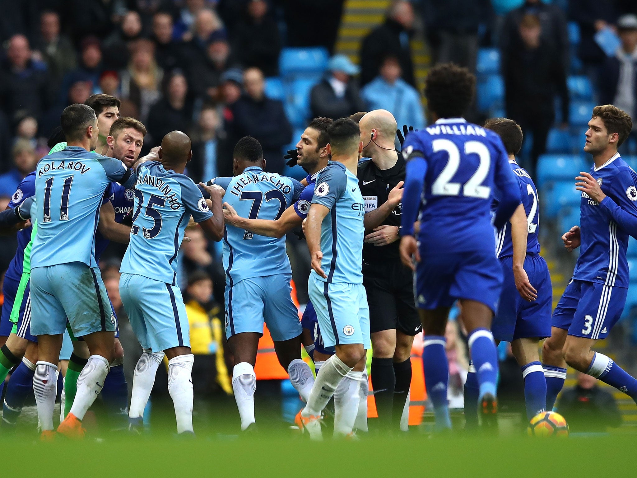 Chelsea and Manchester City players square up to one another during last weekend's clash
