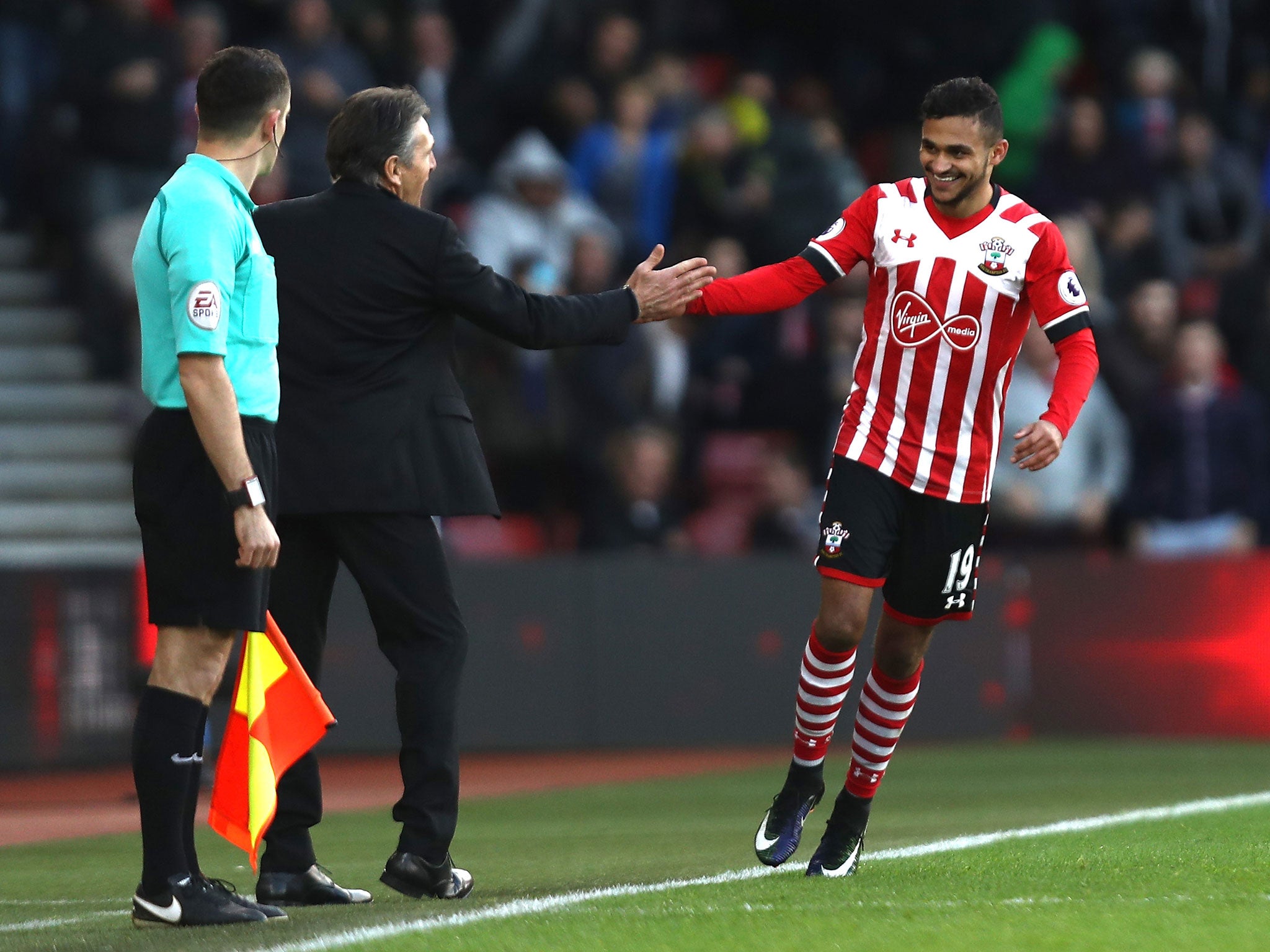 Claude Puel congratulates Sofiane Boufal on his first goal for the club