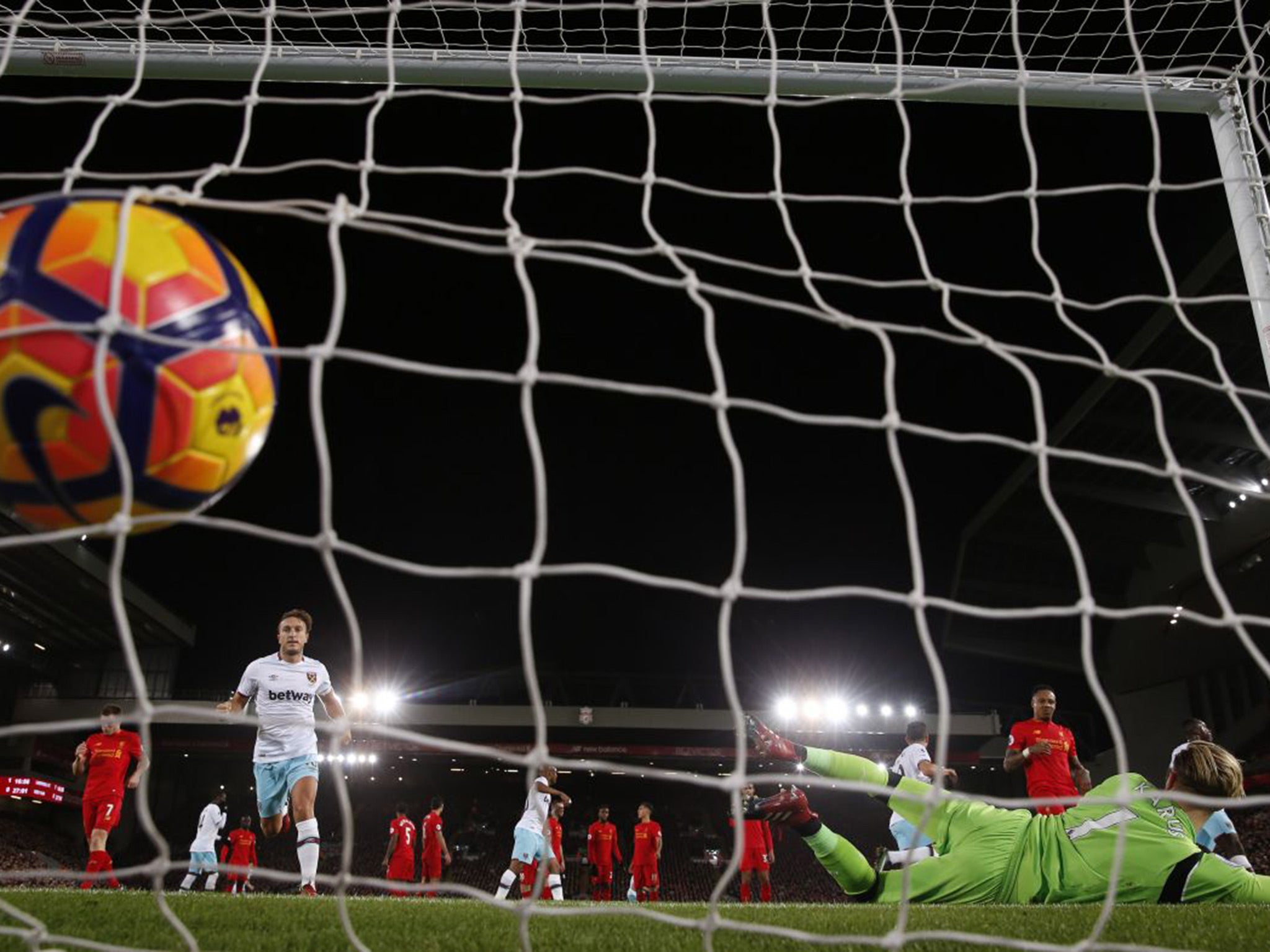 Karius could not keep Payet's effort out despite getting a hand to it