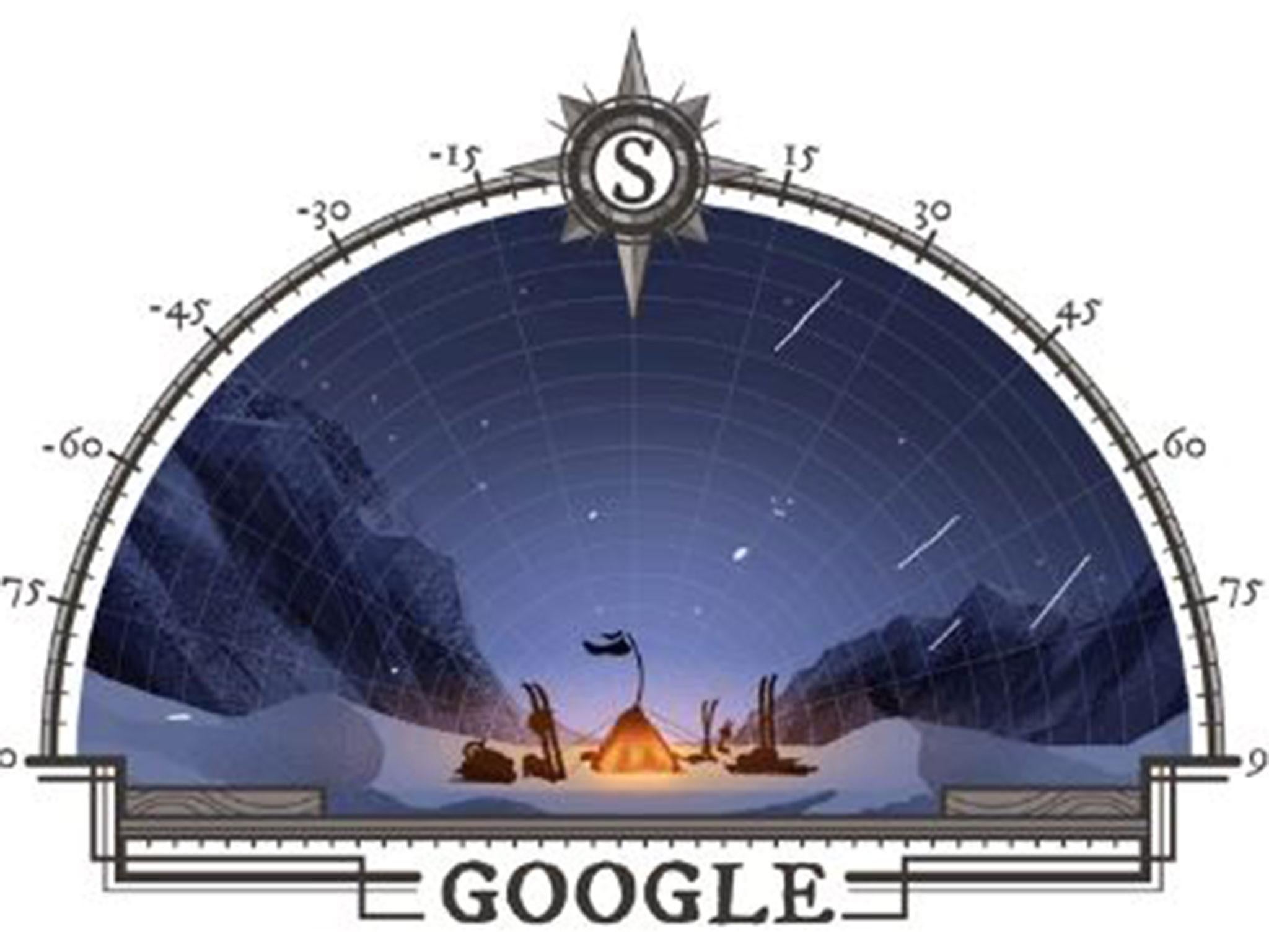 Roald Amundsen's achievement is being honoured with a Google Doodle depicting his crew taking a moment to bask in their glory at the South Pole, as the Antarctic wind rages outside their tent