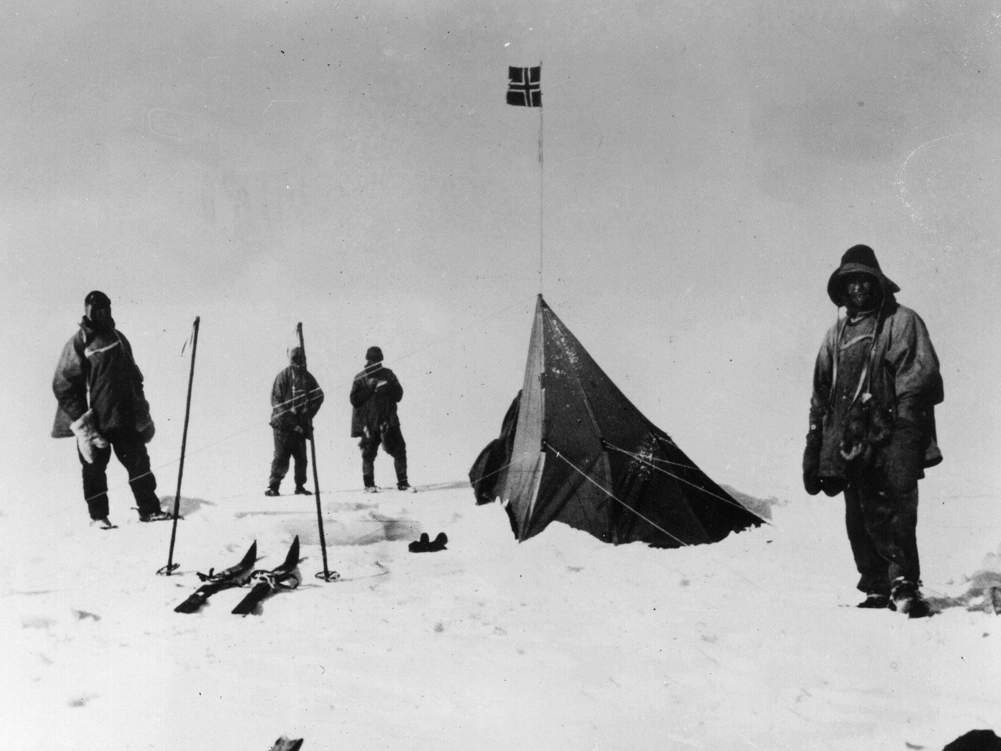 Members of Robert F Scott's party discover the tent of Roald Amundsen at the South Pole