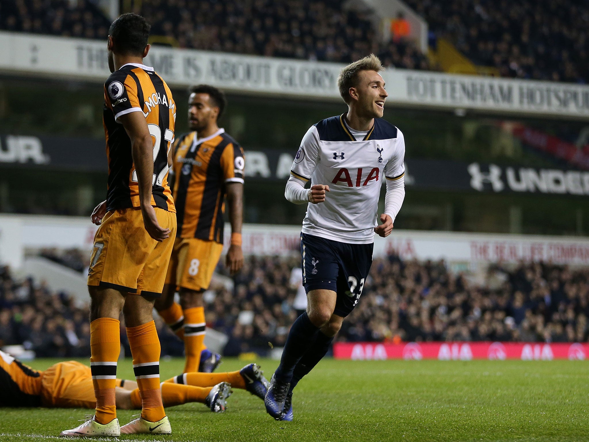 Eriksen wheels away after opening the score at White Hart Line