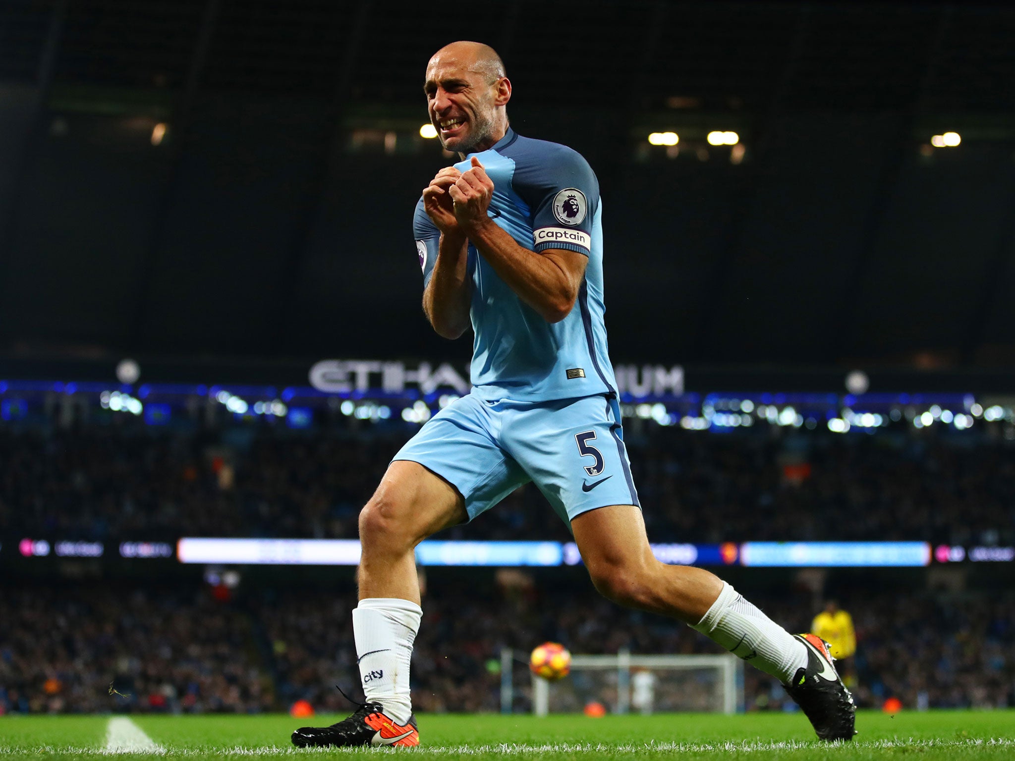 Pablo Zabaleta celebrates after putting Manchester City ahead