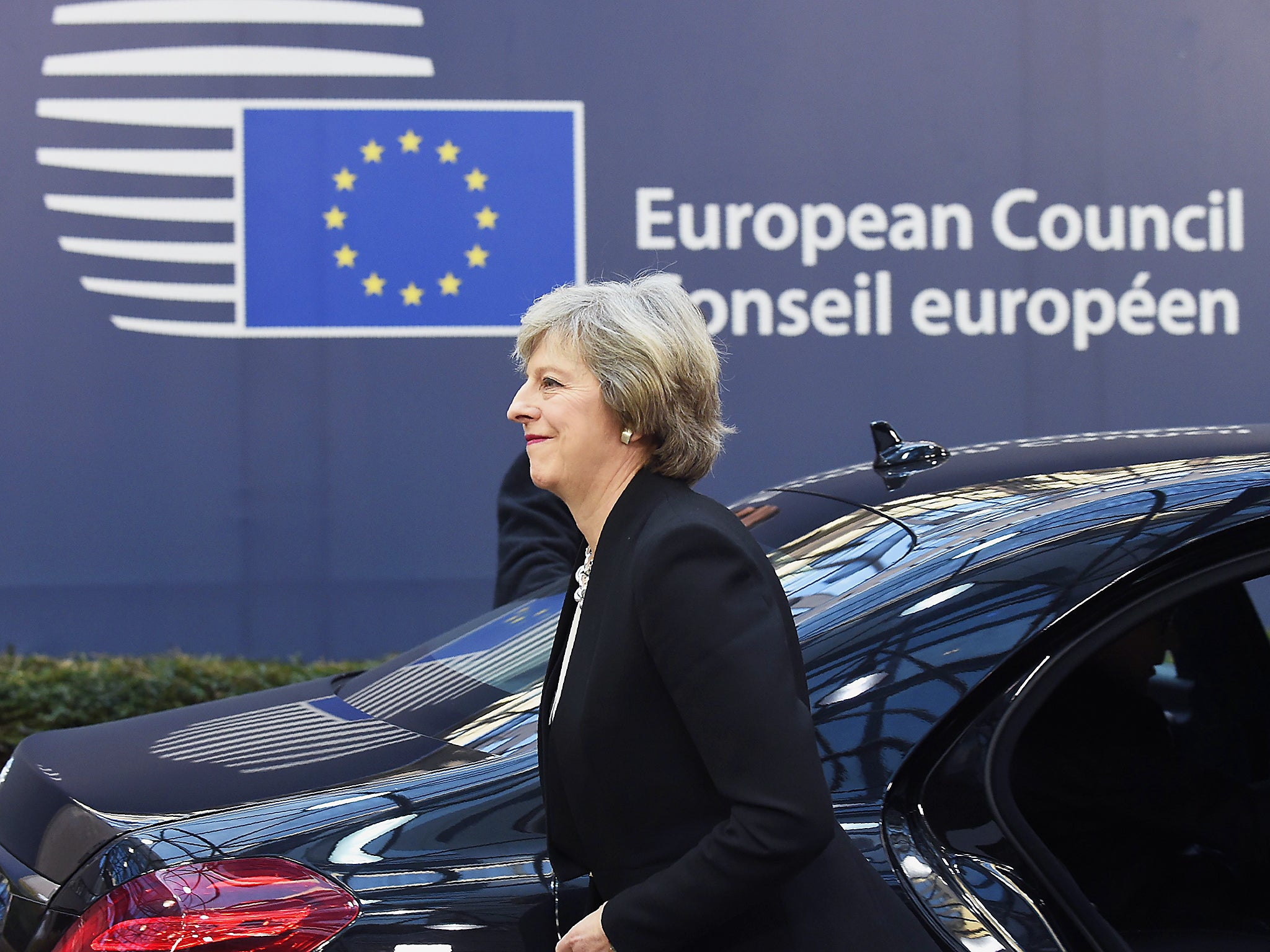 British Prime Minister Theresa May arrives for a European Union leaders summit focused on Russia sanctions and migration at the European Council in Brussels