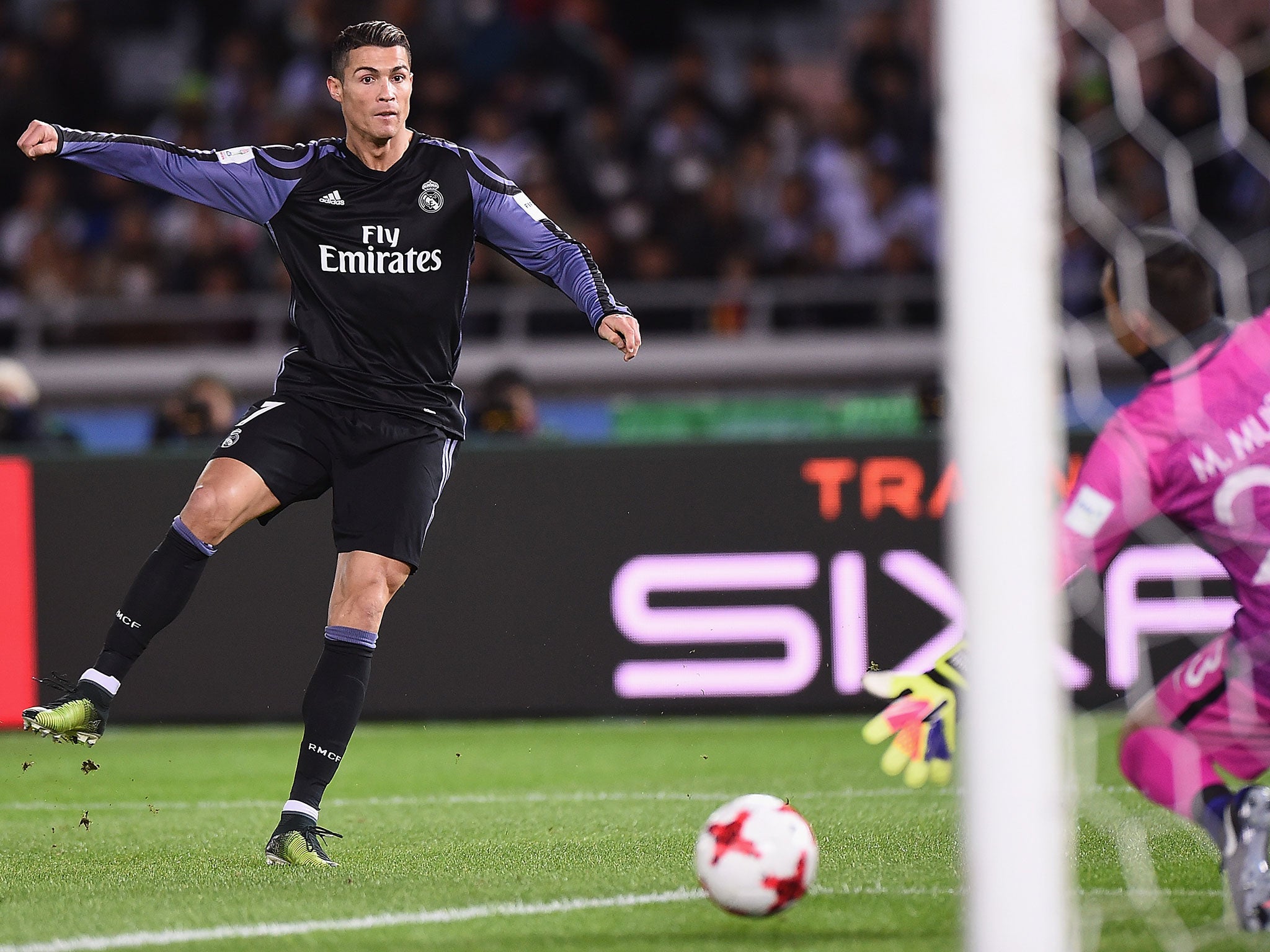 Ronaldo takes a shot on goal during the first half