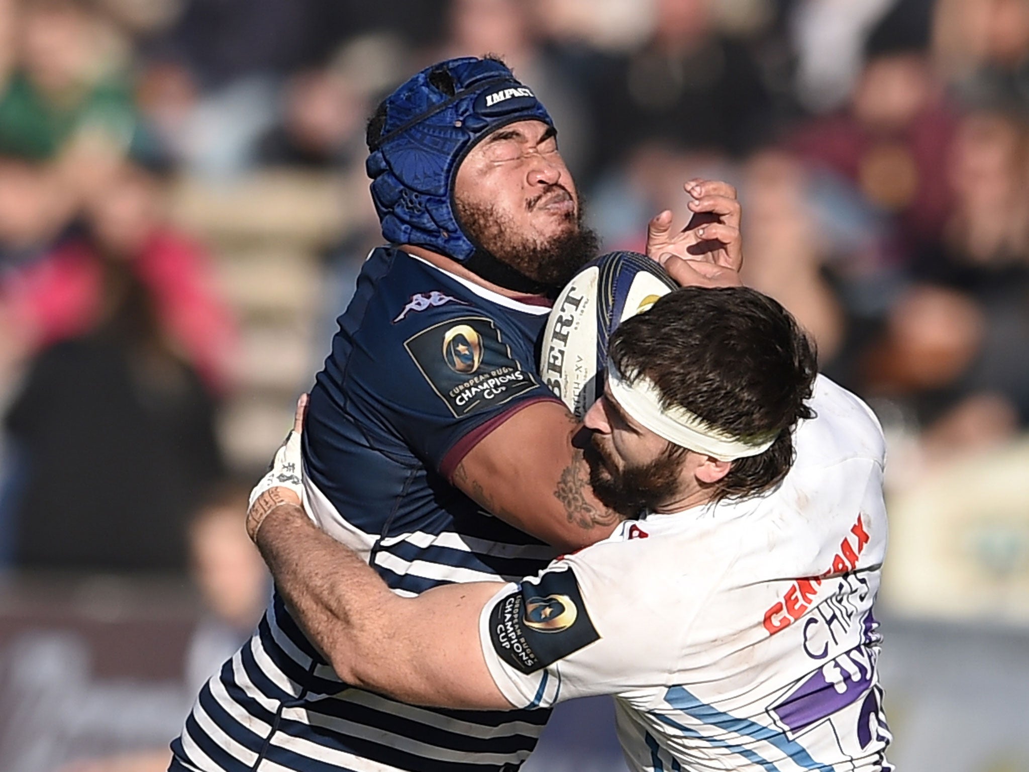 Ole Avei is tackled during Bordeaux-Begles' 20-12 defeat by Exeter