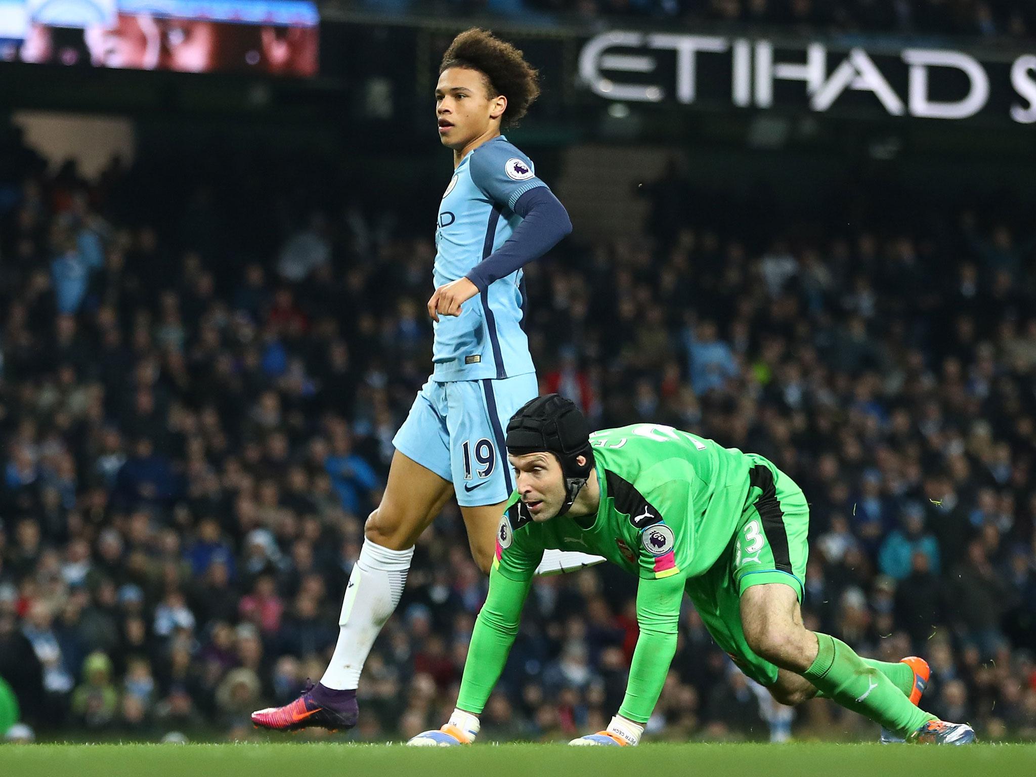 Leroy Sane watches the ball into the back of the net after beating Petr Cech