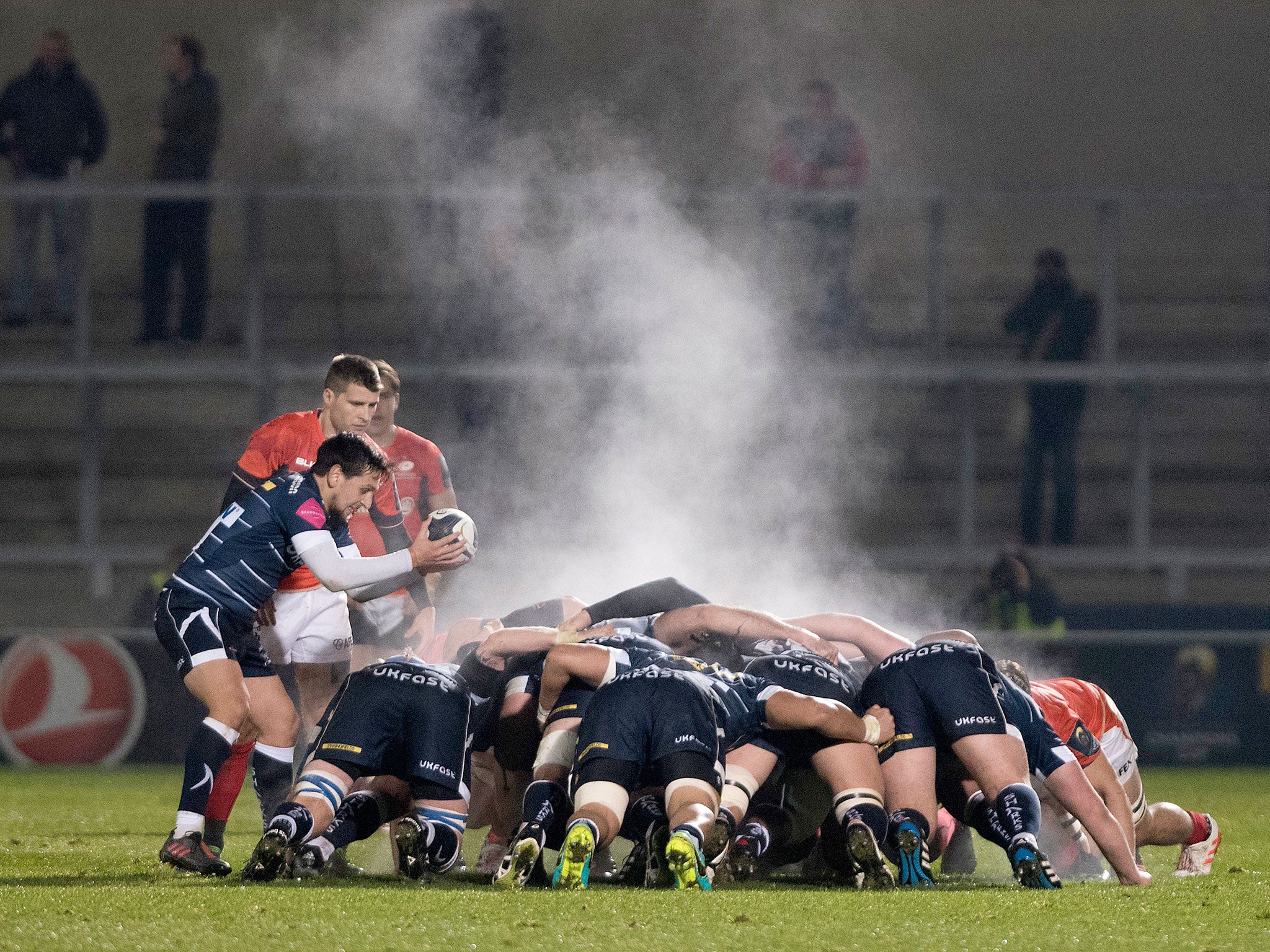 James Mitchell gets ready to put the ball in for a Sale scrum