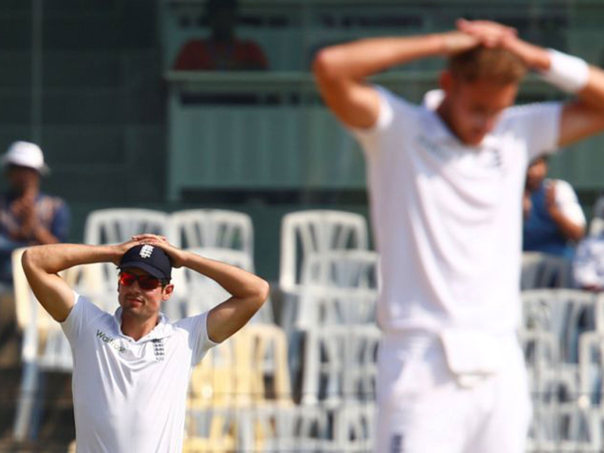 Alastair Cook and Stuart Broad react on a tough day for England