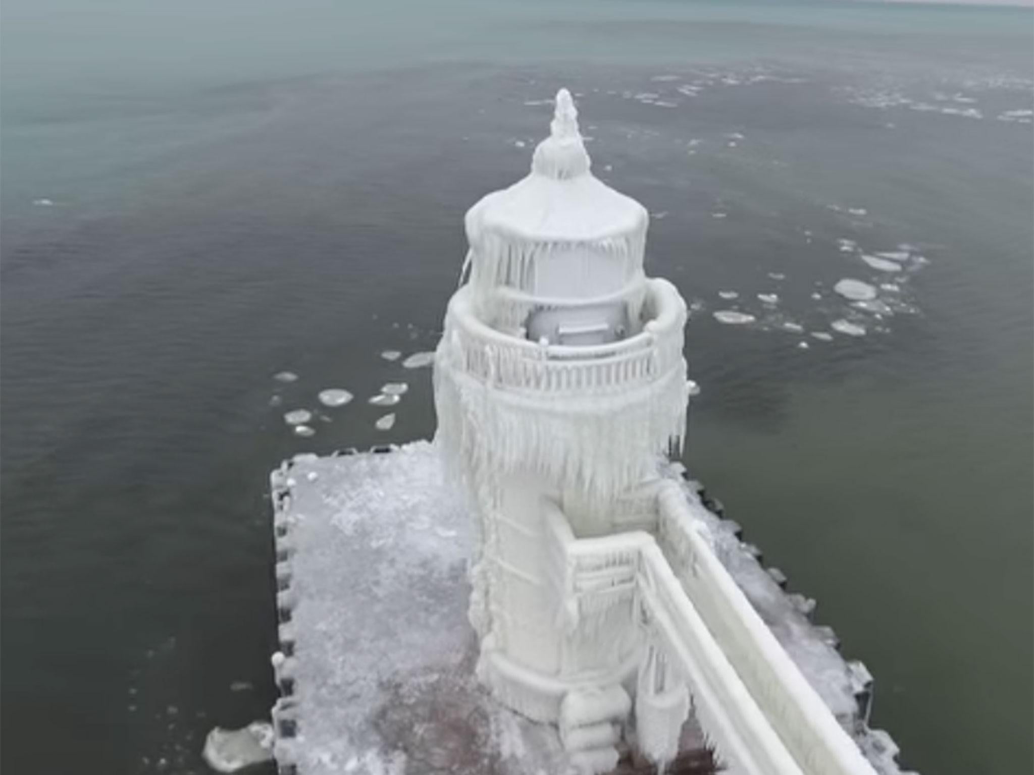 The frozen lighthouse at St Joseph, Michigan