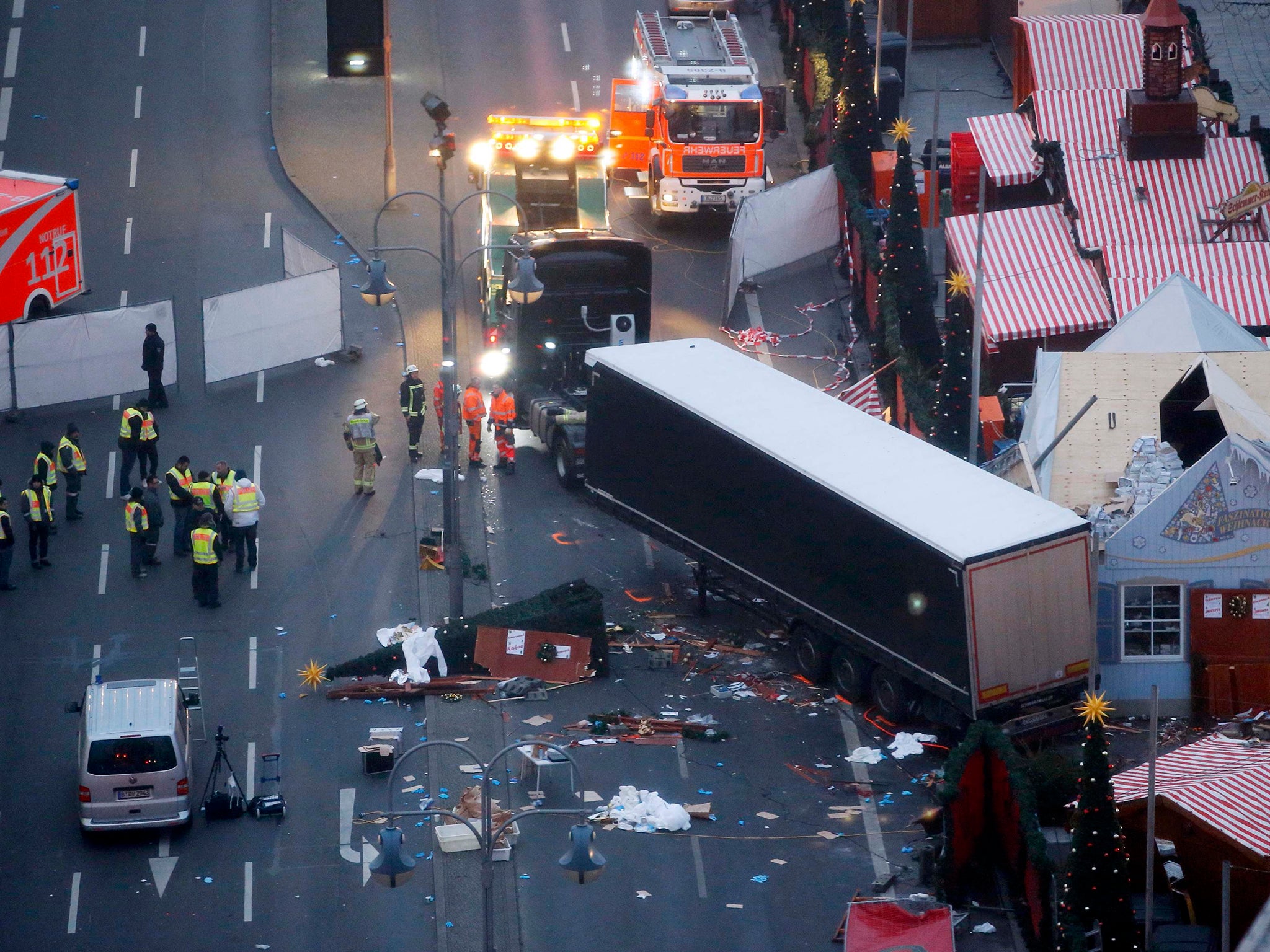 The extent of the damage at the scene where a truck crashed into a Christmas market close to the Kaiser Wilhelm Memorial Church, in Berlin, Germany