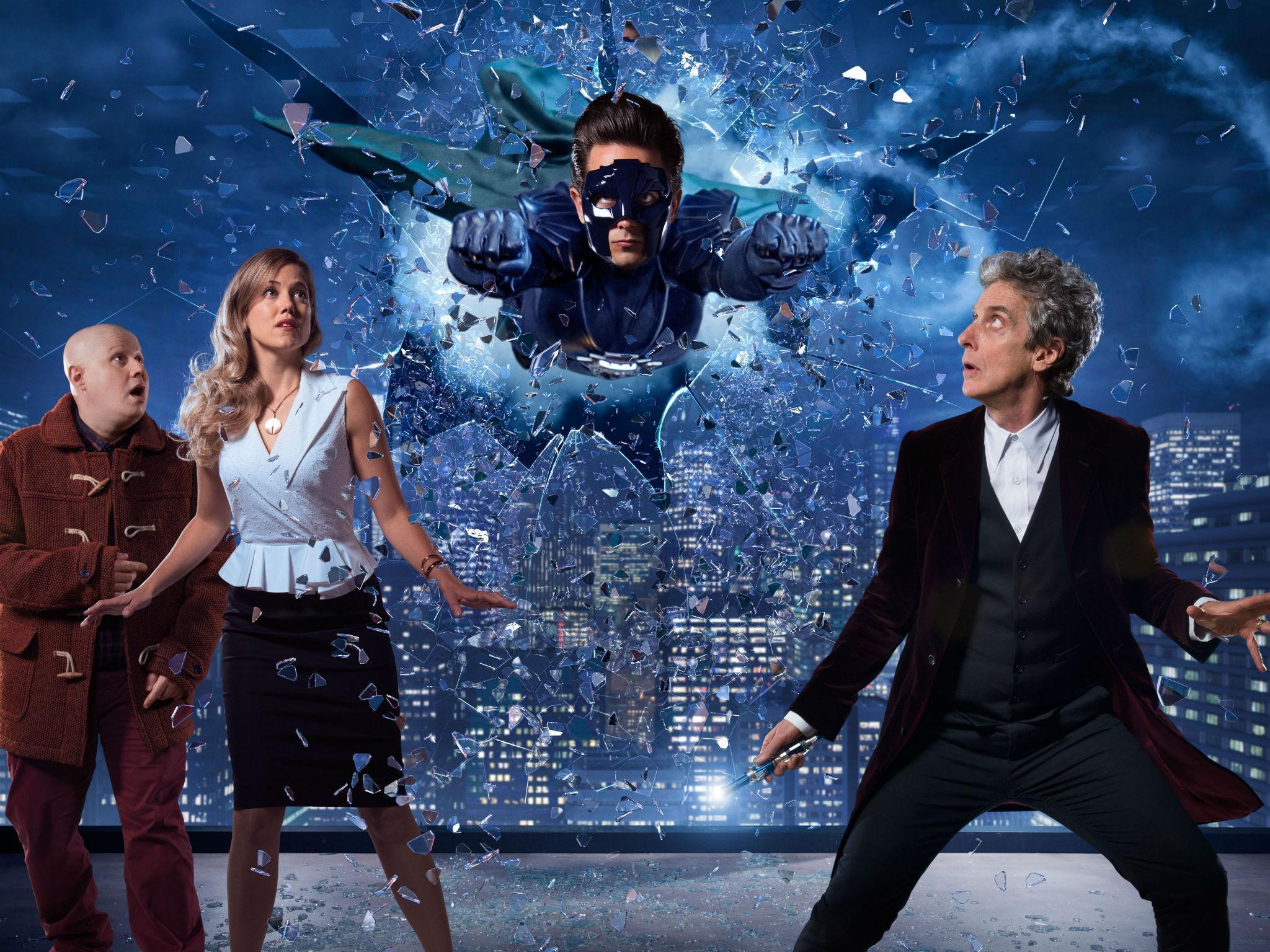 Nardole (Matt Lucas), Lucy Fletcher (Charity Wakefield), The Ghost (Justin Chatwin) and Doctor Who (Peter Capaldi) in the Doctor Who Christmas Special 2016