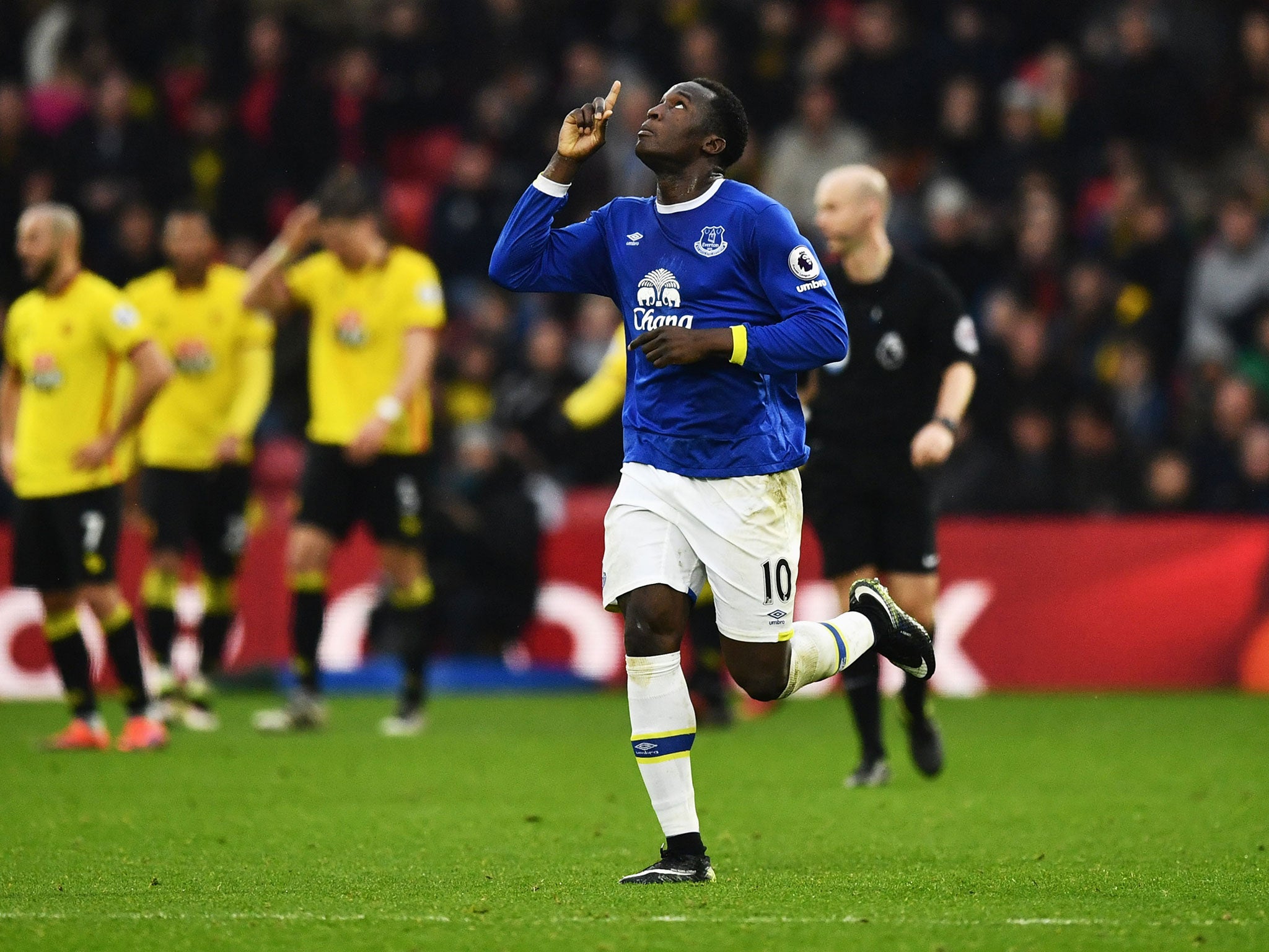 Romelu Lukaku celebrates after scoring against Watford in Everton's 3-2 defeat at Vicarage Road