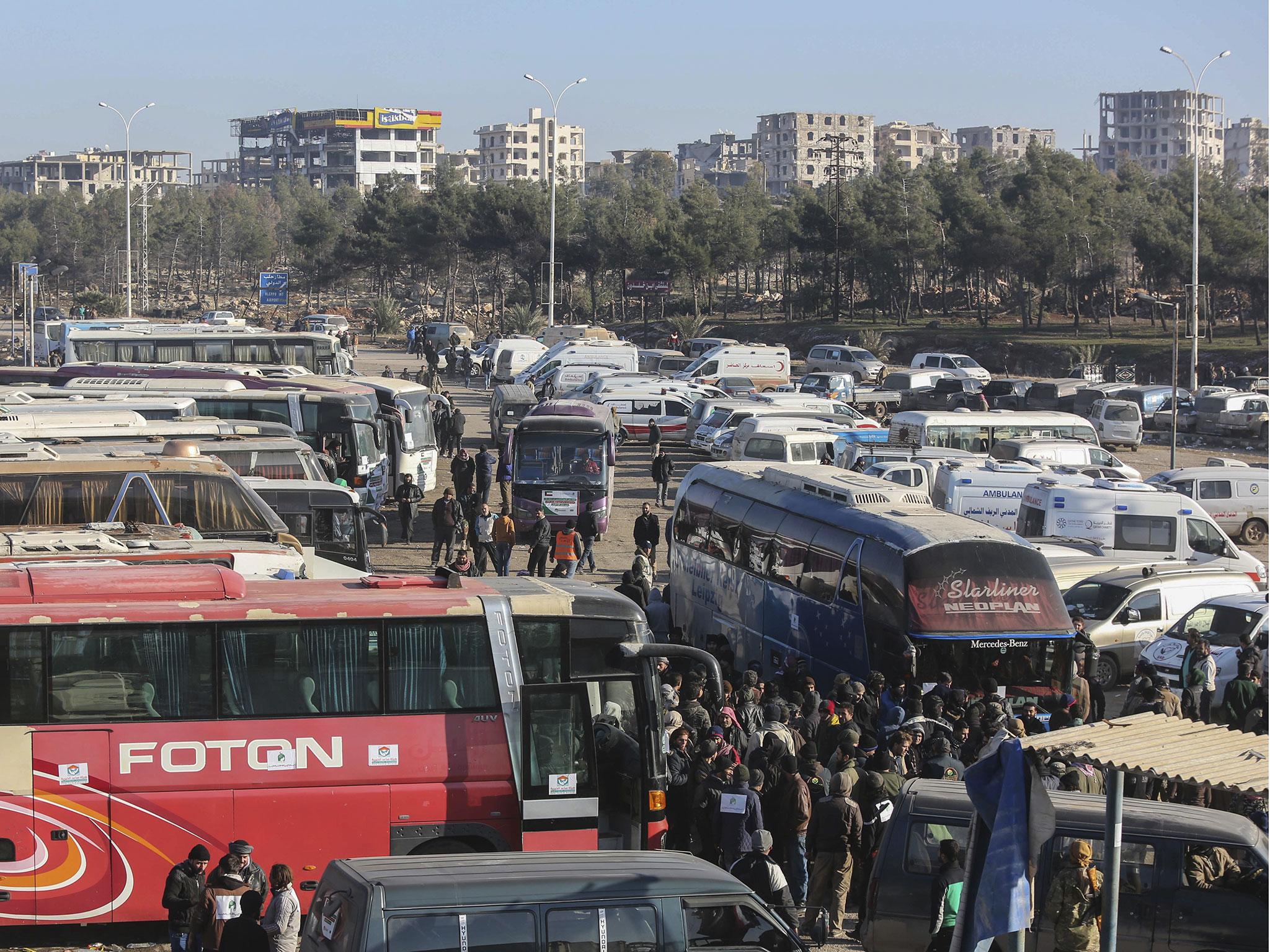 Syrians evacuated from the embattled Syrian city of Aleppo during the ceasefire arrive at a refugee camp in Rashidin, near Idlib, Syria, Tuesday, 20 December, 2016