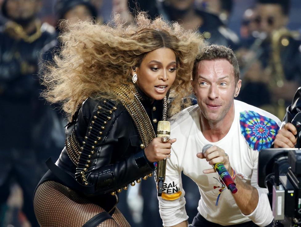 Chris Martin performing with Beyoncé at the Super Bowl (Reuters)