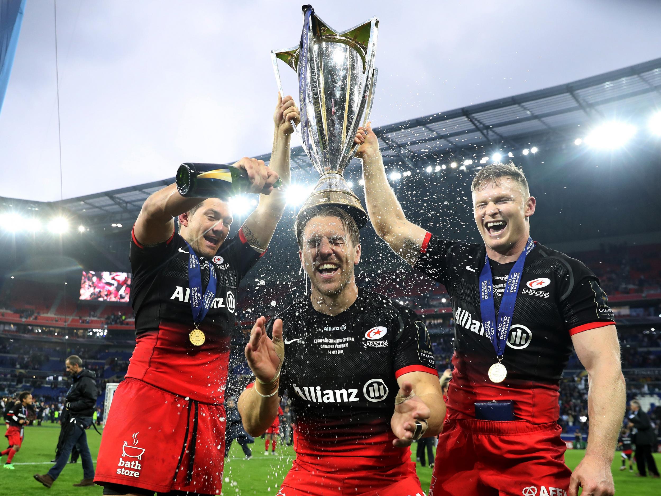 Saracens celebrate winning the Champions Cup weeks before adding the Premiership title