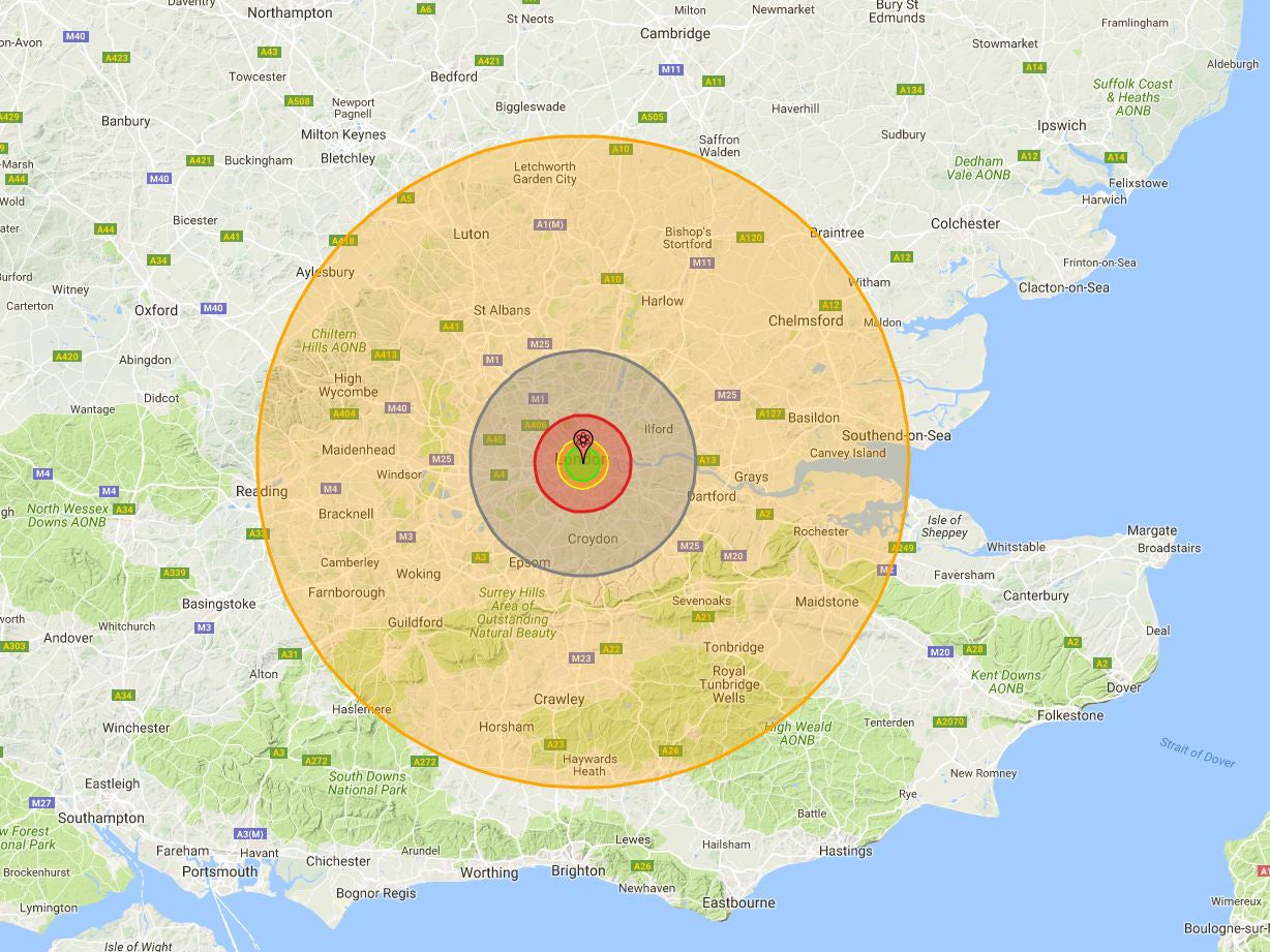 Nukemap shows the destruction that would be wrought if a bomb the size of the USSR's 'tsar bomba', tested in 1961, was dropped on London