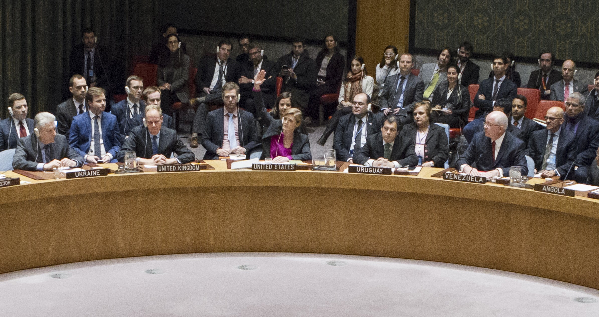 Samantha Power, US Ambassador to the United Nations, votes to abstain during Security Council vote on condemning Israel's settlements in the West Bank