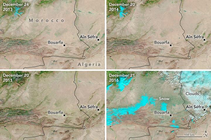 December observations made over the past four years - snow shows up as a bright blue-green color.