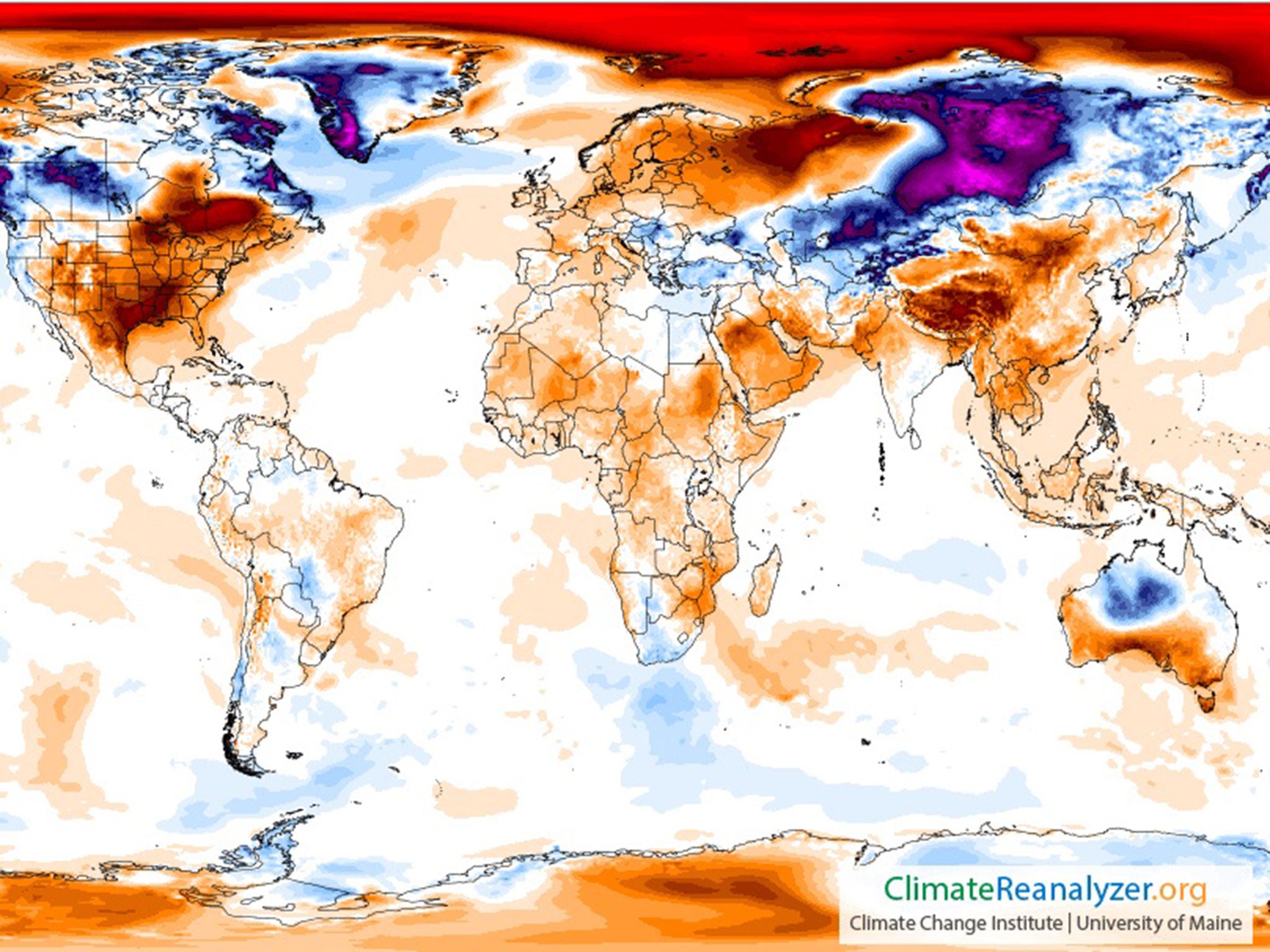 The red colour in this graphic indicates how hot the North Pole is on the night of 23 December, 2016, relative to its average temperature Climate Reanalyzer