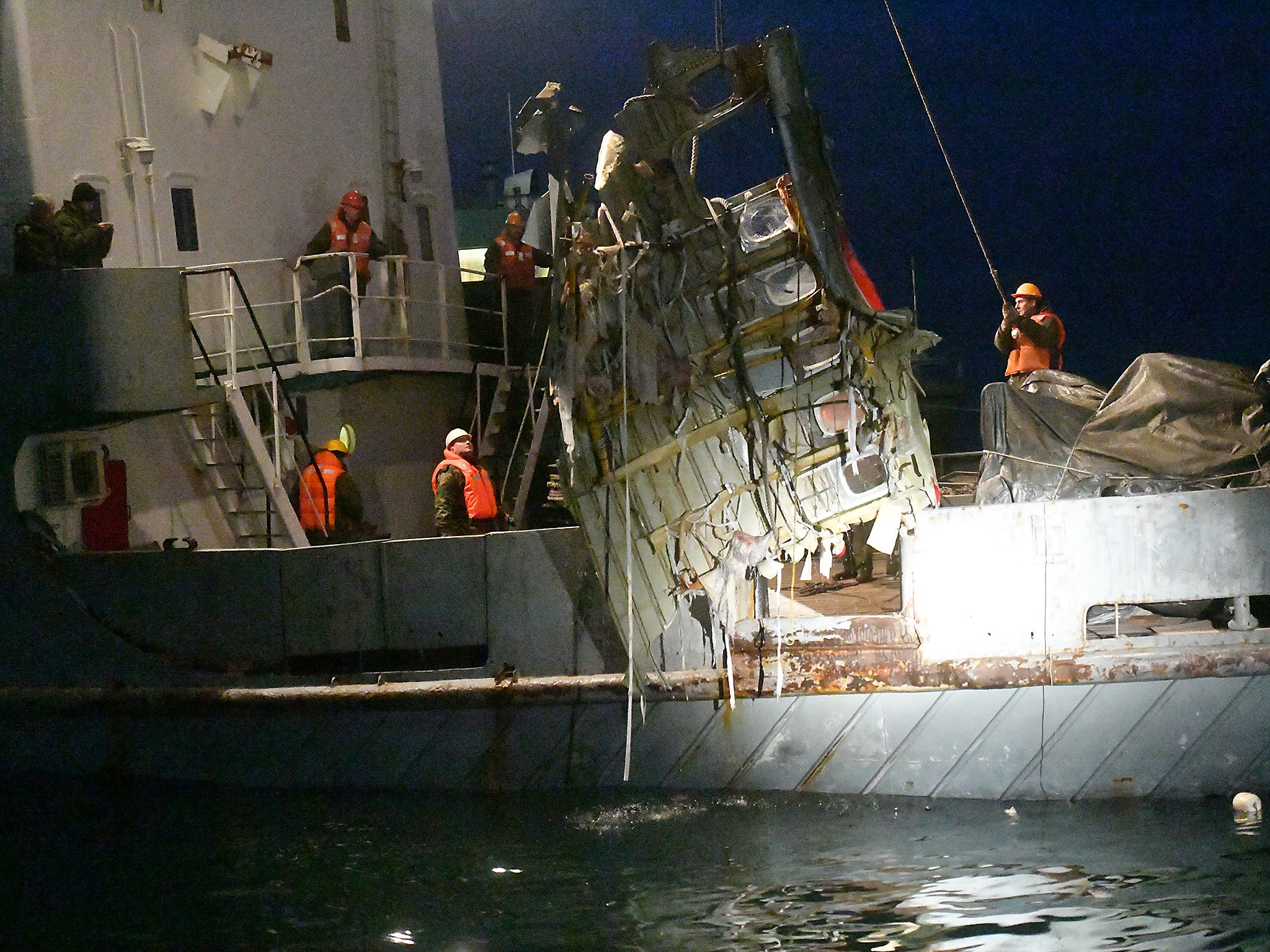 The wreckage of the crashed military Tupolev TU-154 plane lifted from the waters of the Black Sea during a search operation near Sochi, Russia