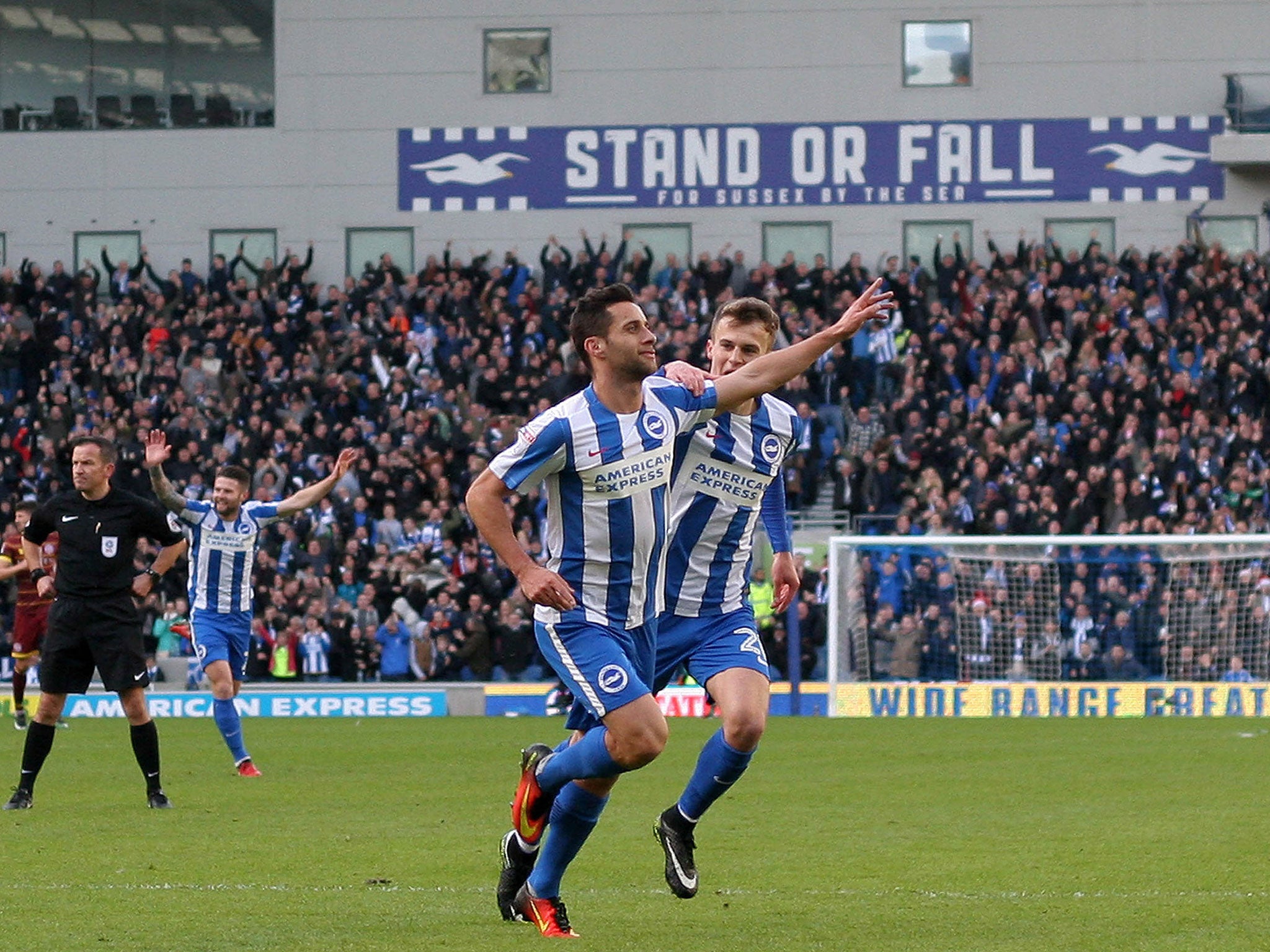 Sam Baldock opening the scoring at the American Express Community Stadium