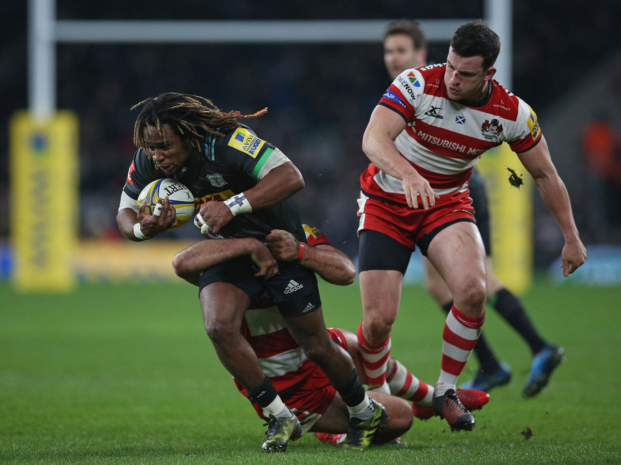 Marland Yarde is brought down during his side's recent game against Gloucester