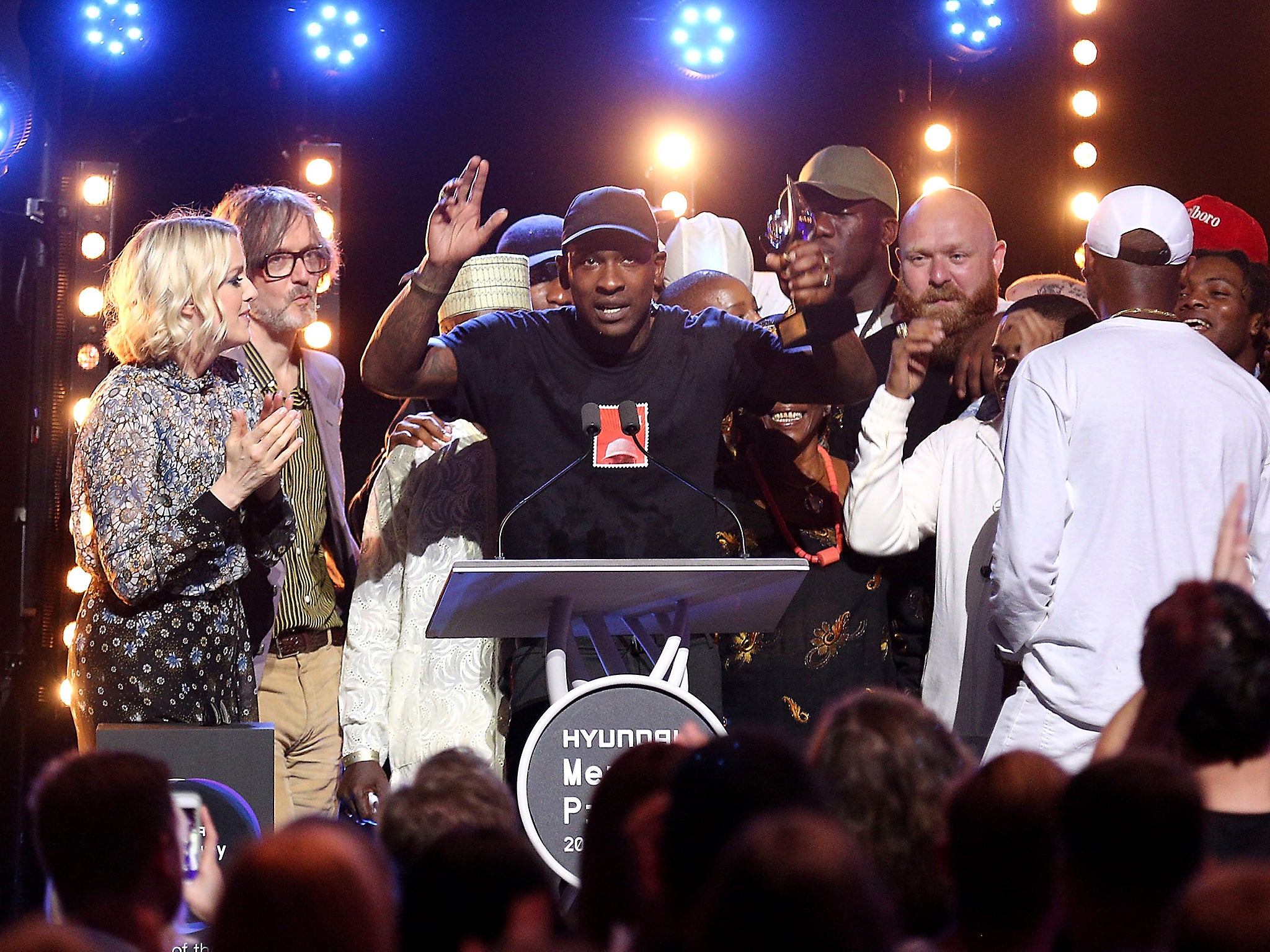 Skepta accepting the award after being announced the winner of the Mercury Prize 2016 at the Eventim Apollo in London