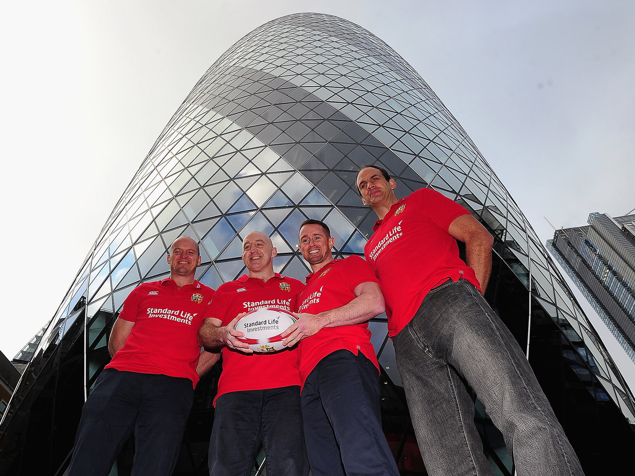 British and Irish Lions ambassadors, and former Lions heroes, Gregor Townsend (left), Keith Wood, Shane Williams and Martin Johnson, at a Lions media briefing at The Gherkin in London