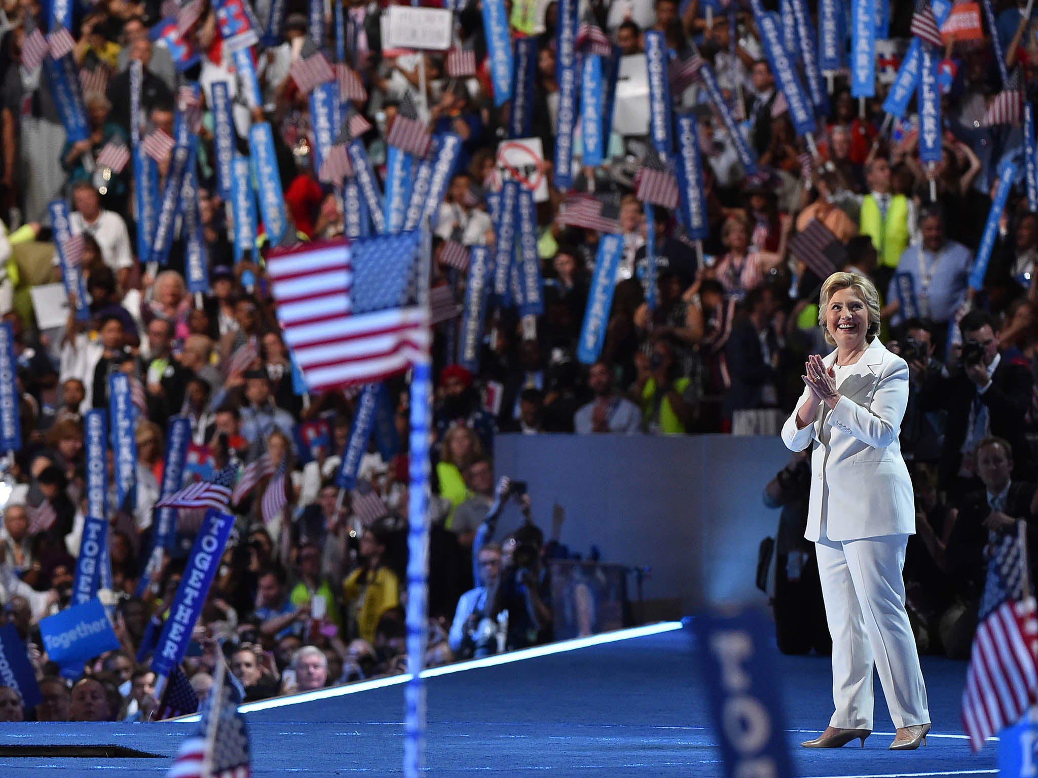 Hillary Clinton in her iconic white pantsuit