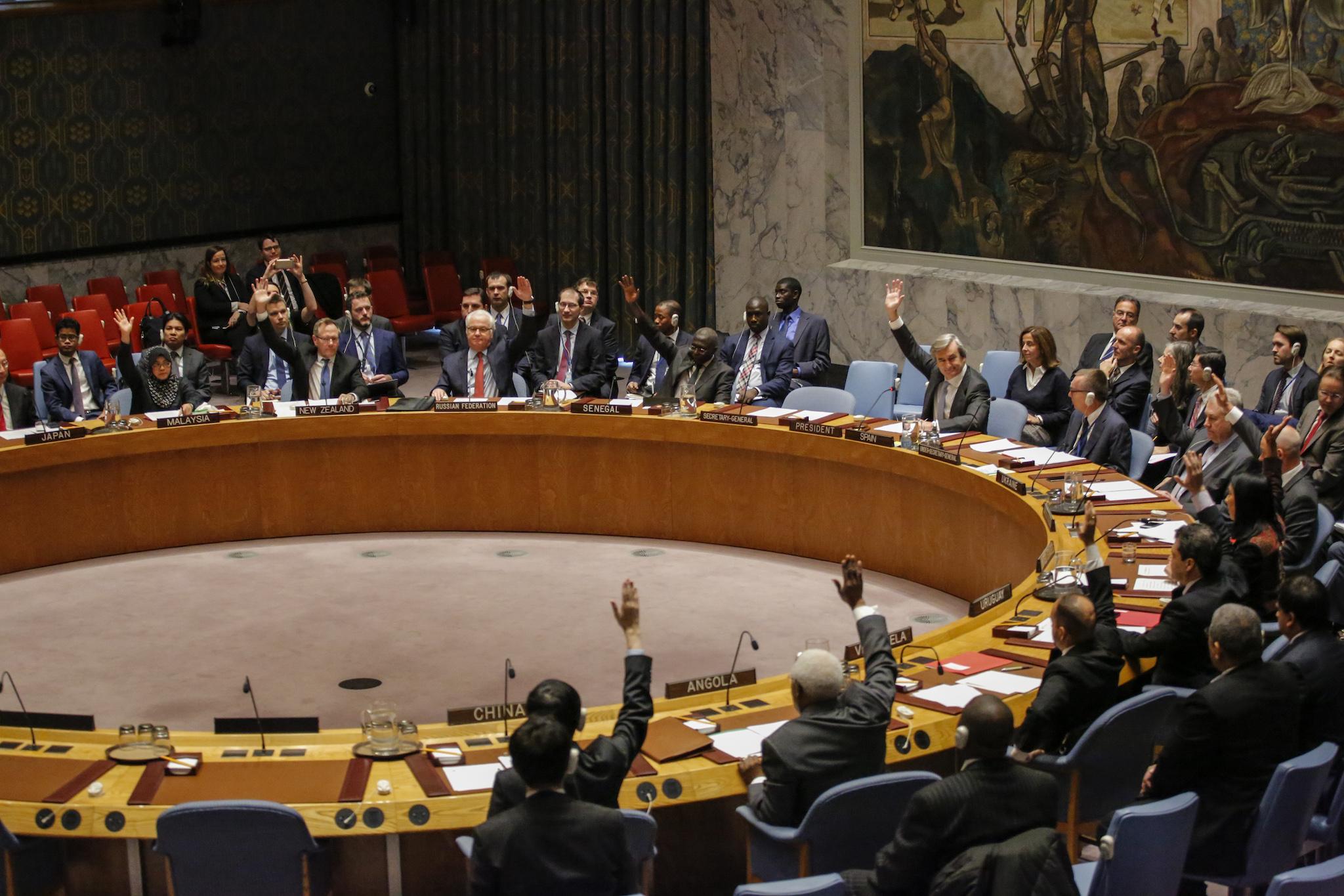 Members of the UN Security Council vote on a Russian-Turkish peace plan for Syria, on December 31, 2016, at UN Headquarters in New York