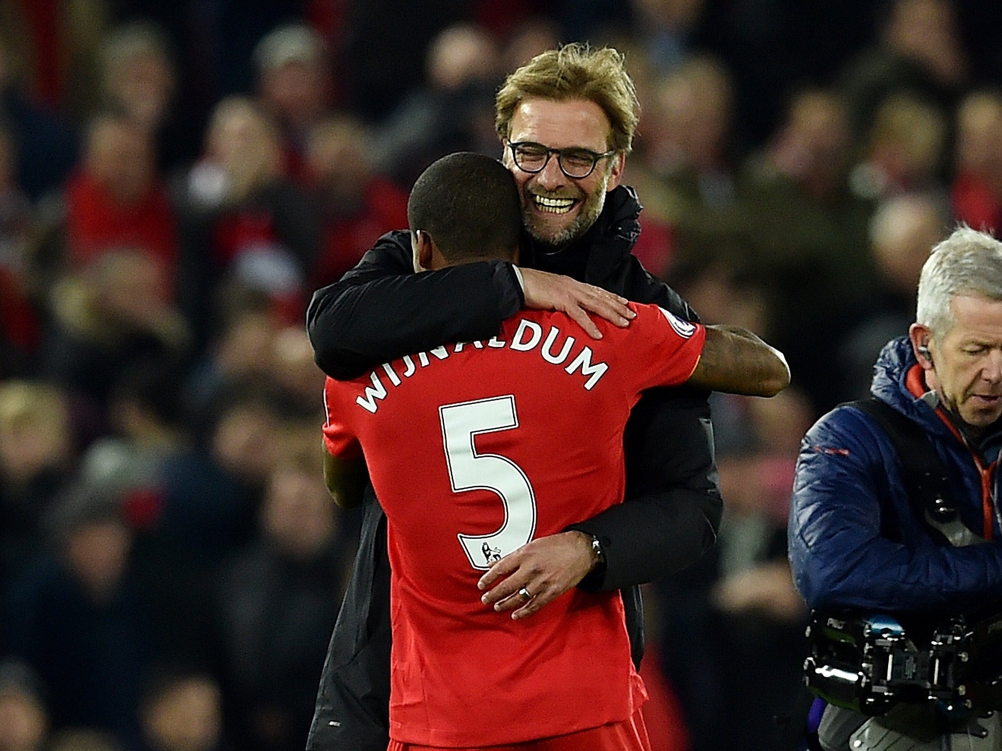 Klopp celebrates with match-winner Georginio Wijnaldum