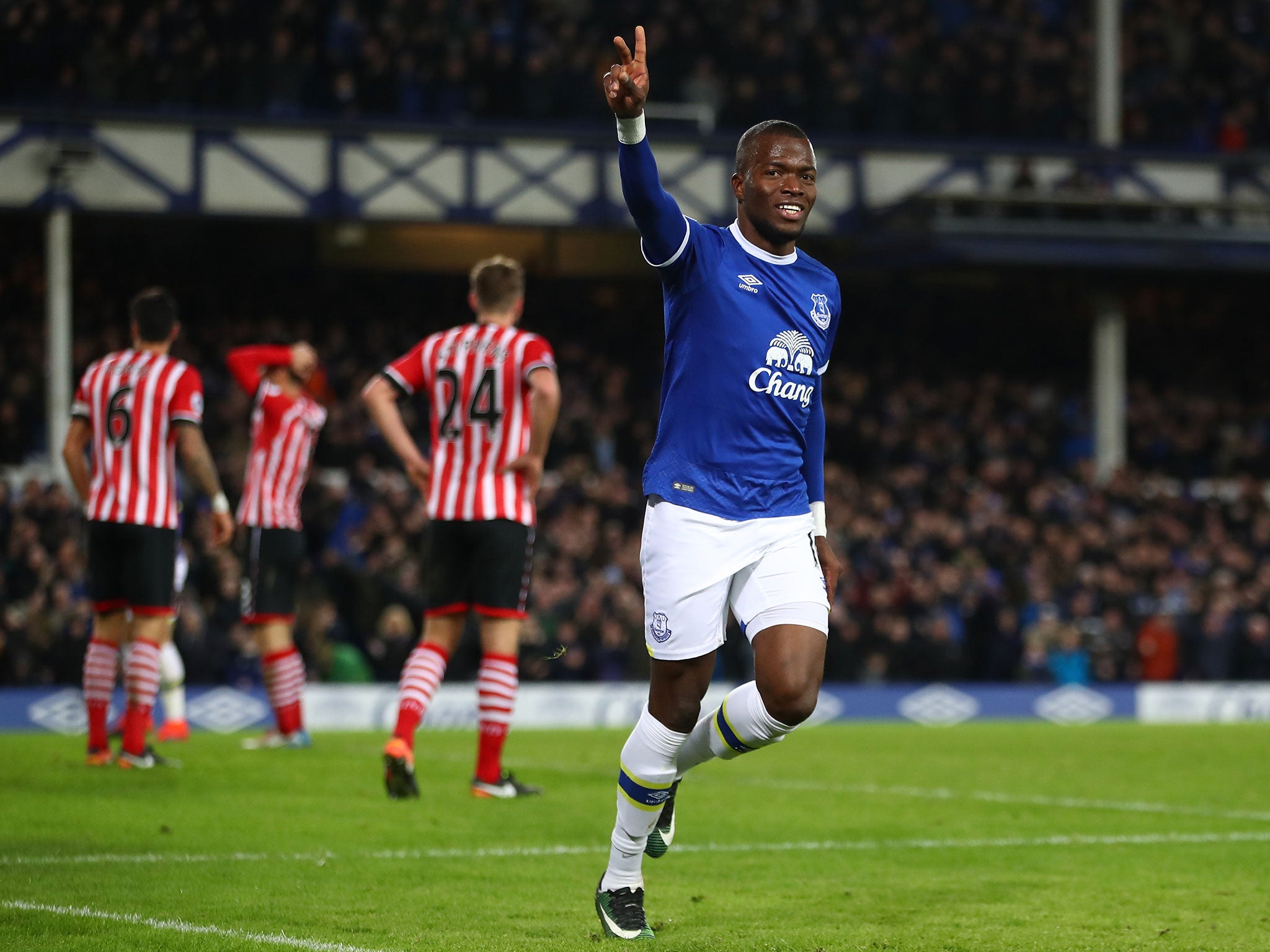 Enner Valencia celebrates opening the scoring for Everton