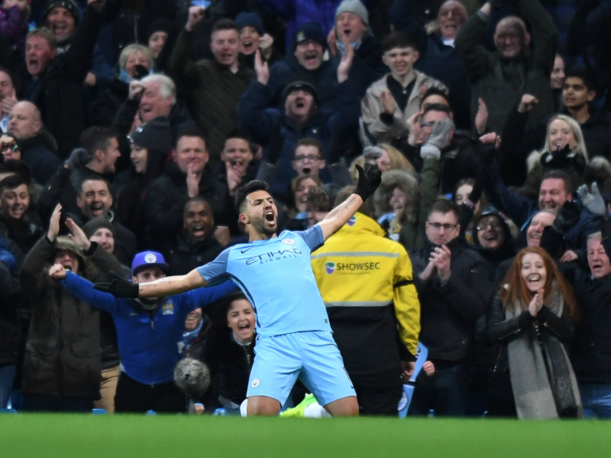 Sergio Aguero celebrates his goal for City