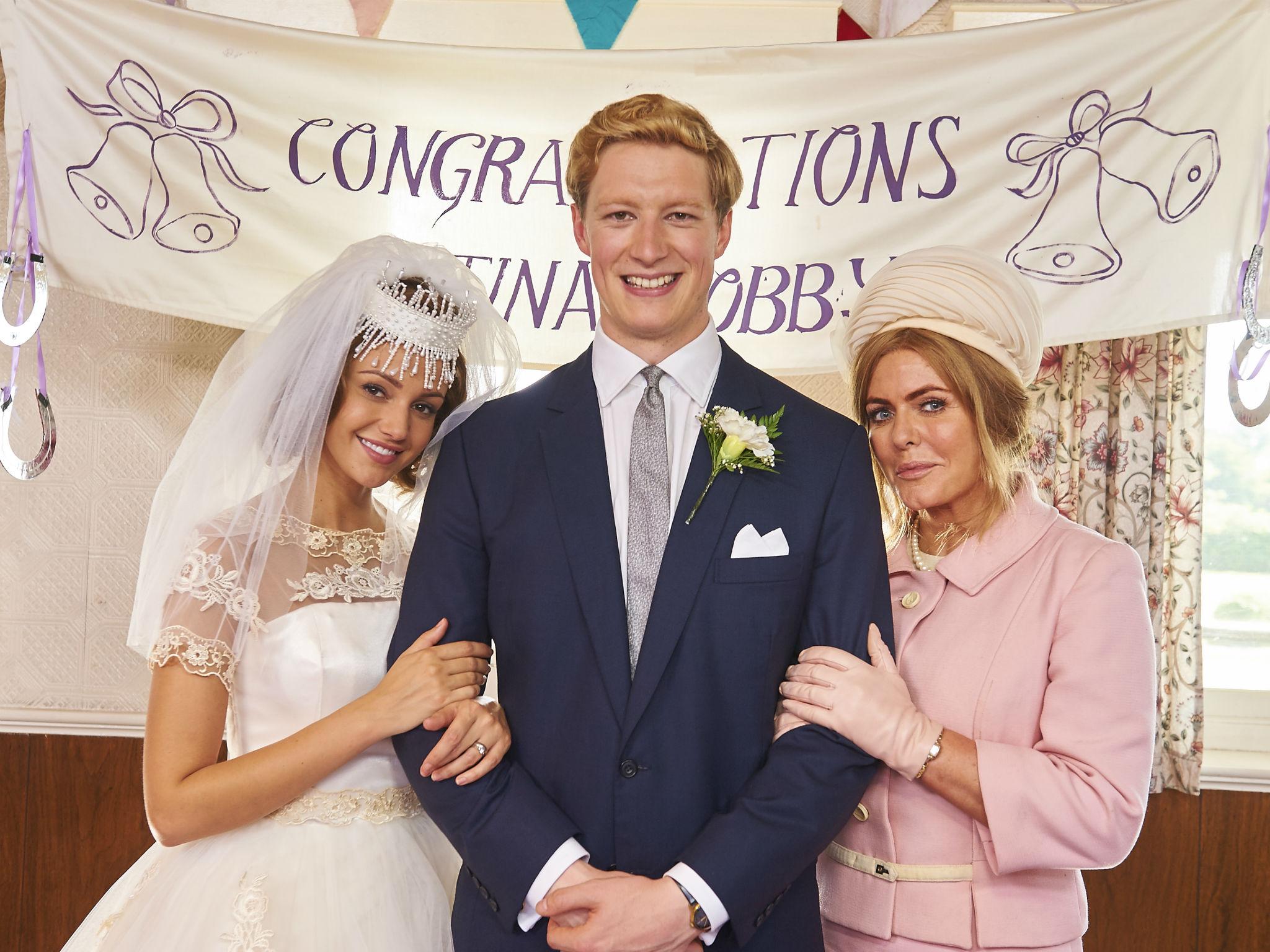 Kensit (right) playing England footballing legend Bobby Moore's mother-in-law with Moore (centre, Lorne MacFadyen) and Tina (left, Michelle Keegan) in ITV's 'Tina and Bobby'