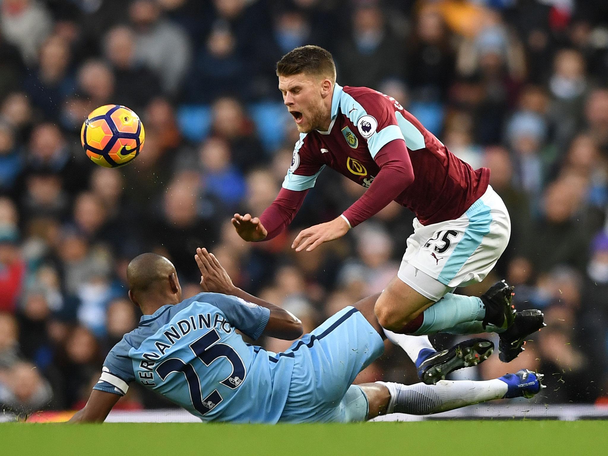 Fernandinho was sent off for this tackle on Burnley's Johann Berg Gudmundsson on Monday