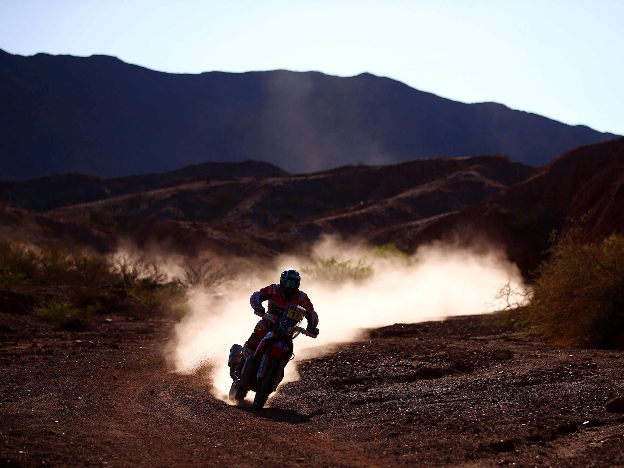 A rider competing on the third stage of the 2017 Dakar Rally between San Miguel de Tucuman and San Salvador de Jujuy