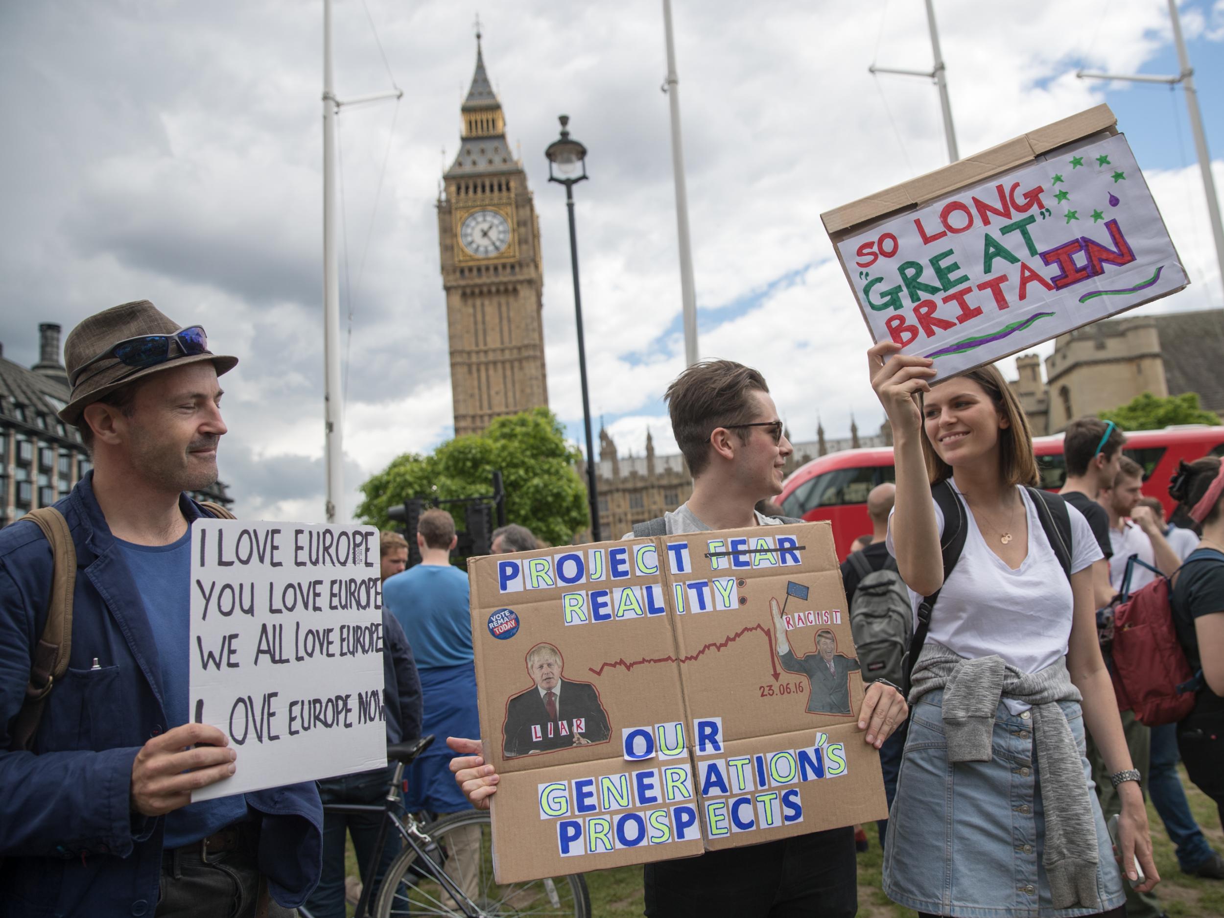 People protest on Parliament Square after the EU referendum