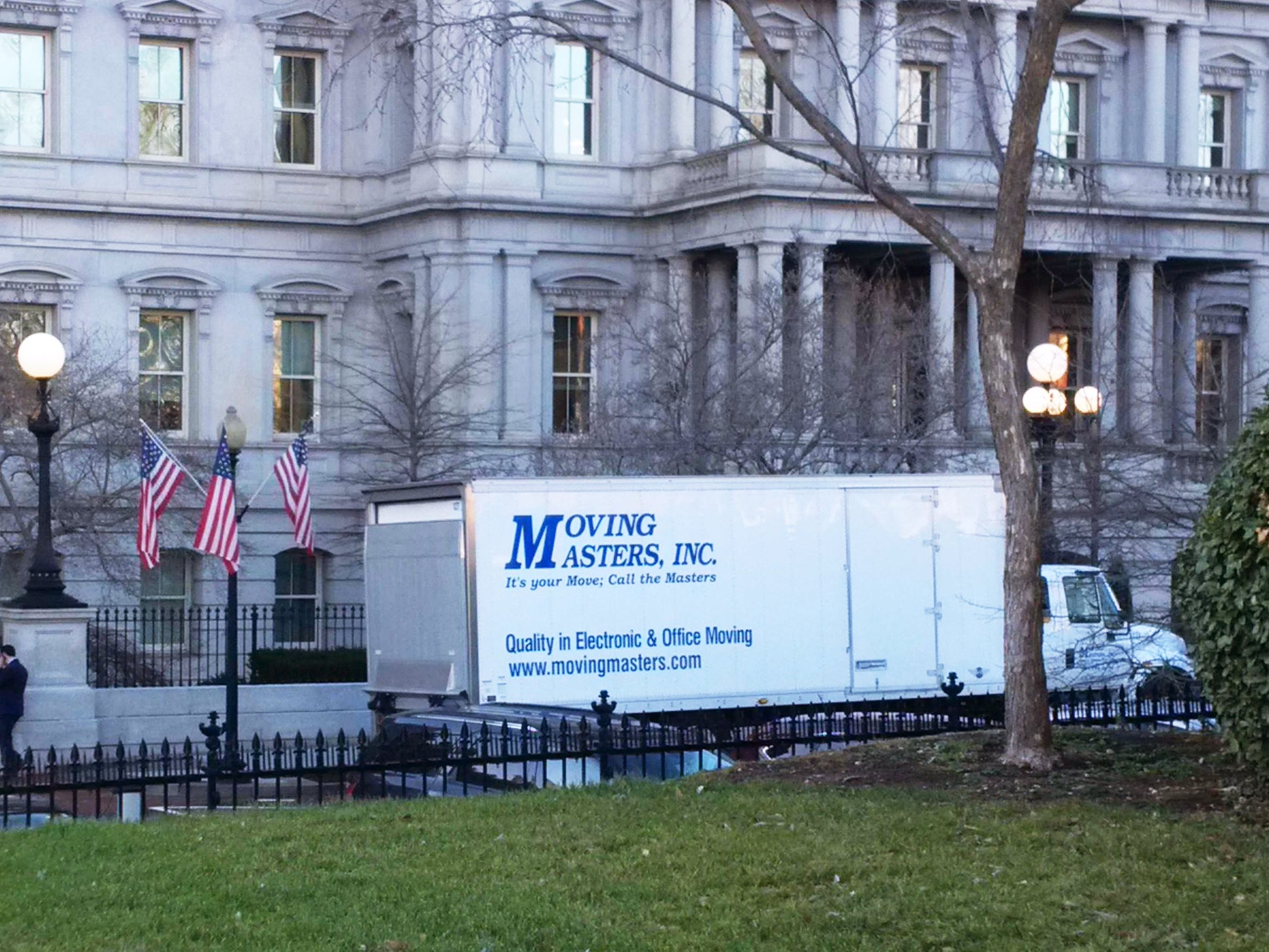 A Moving Masters truck was spotted outside the Eisenhower Executive Offices Building, next to the West Wing of the White House