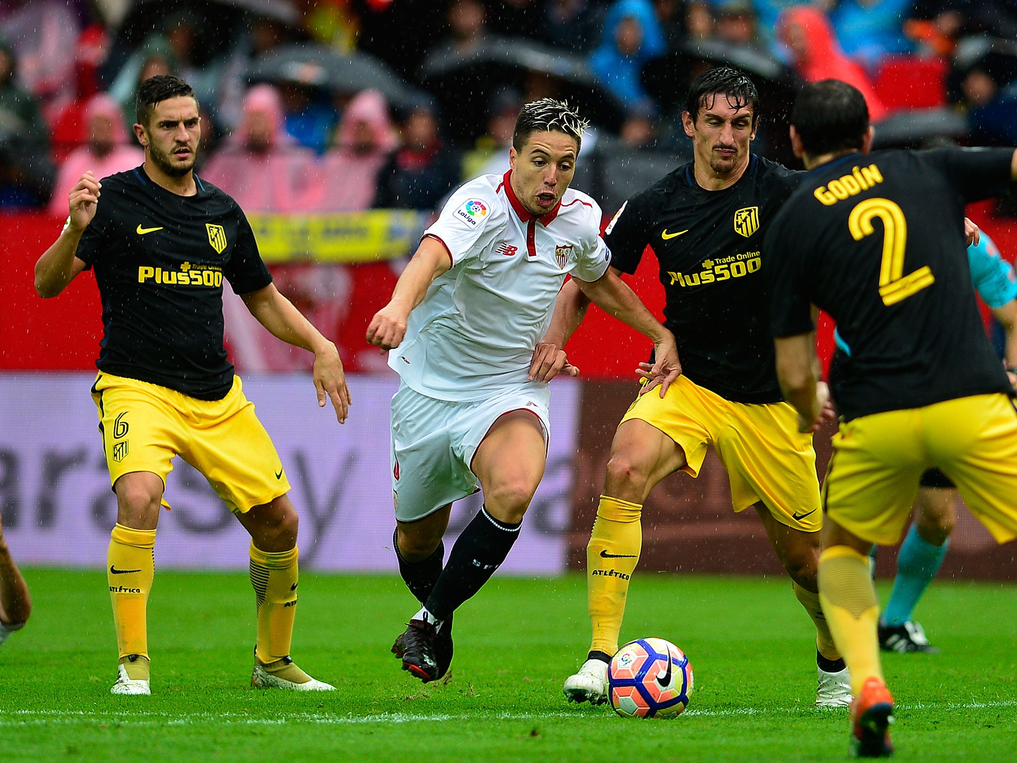 Nasri in action for Sevilla against La Liga opponents Atletico Madrid